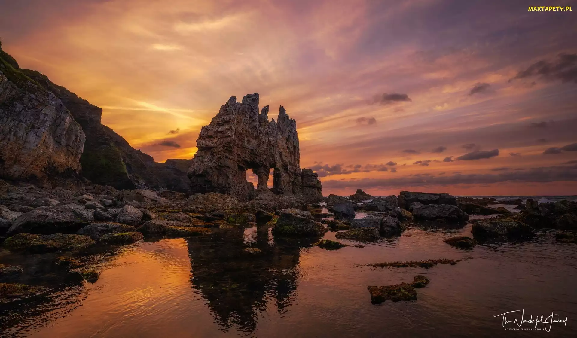 Skały, Zachód słońca, Plaża