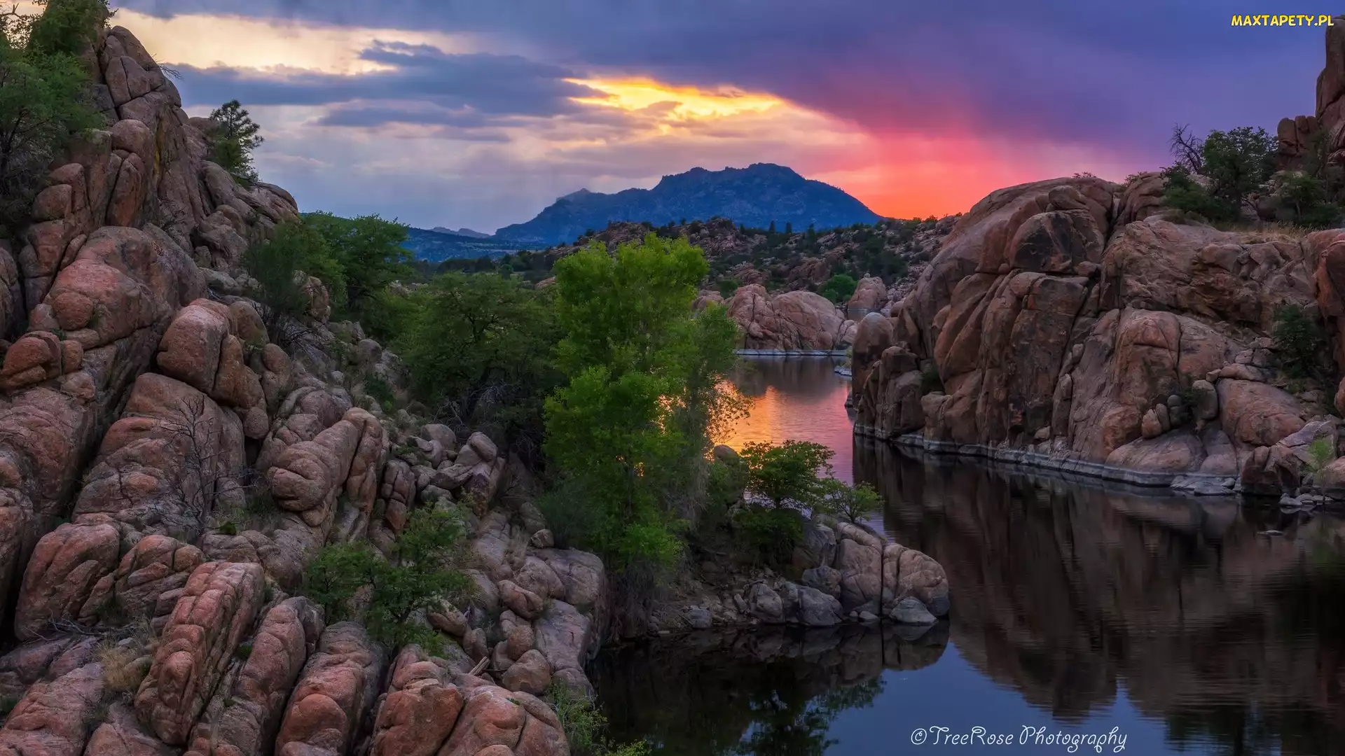 Skały, Watson Lake, Zachód słońca, Jezioro, Arizona, Drzewa, Stany Zjednoczone, Prescott