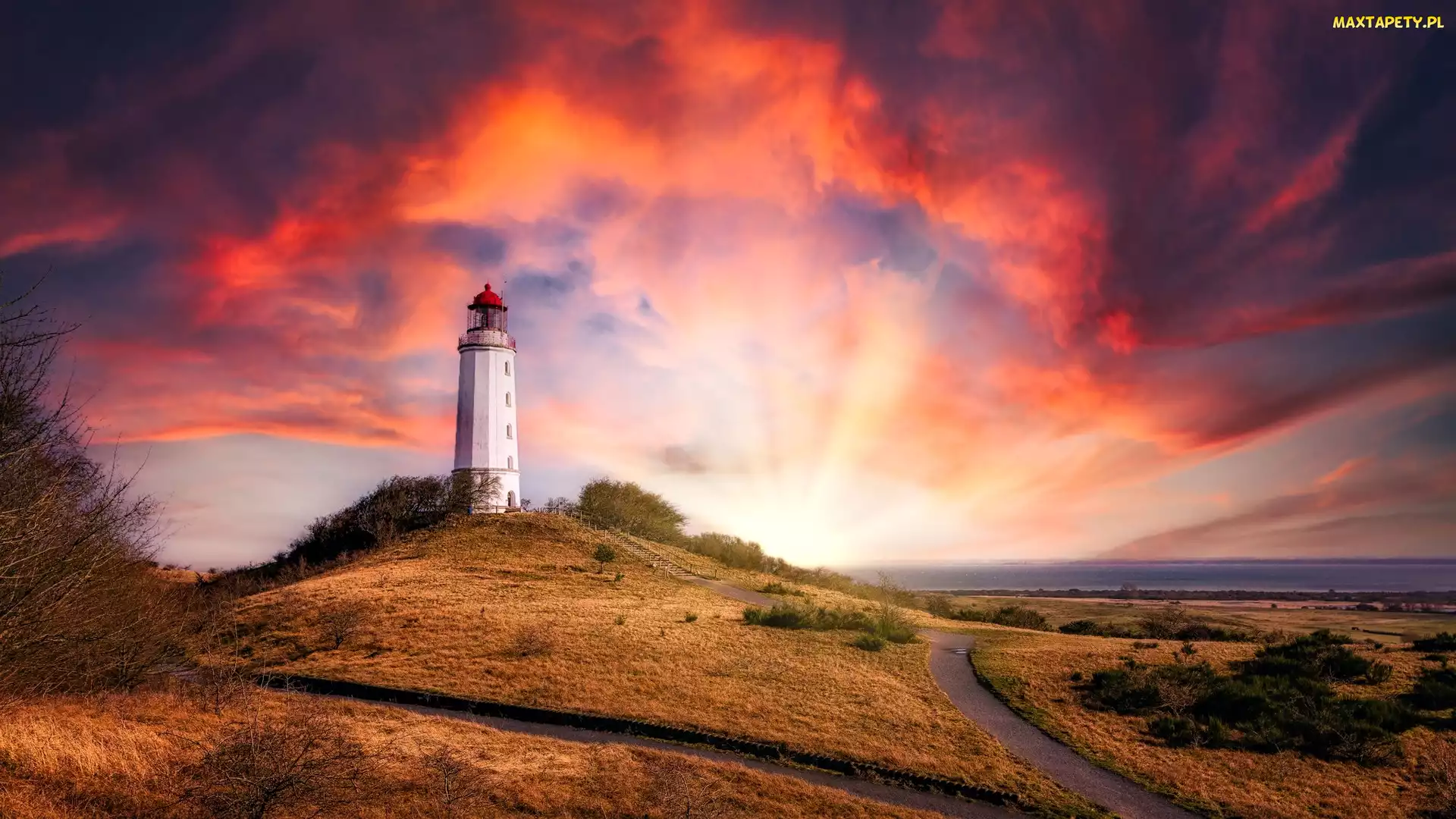 Niemcy, Hiddensee, Dornbusch Lighthouse, Latarnia morska, Zachód słońca, Chmury