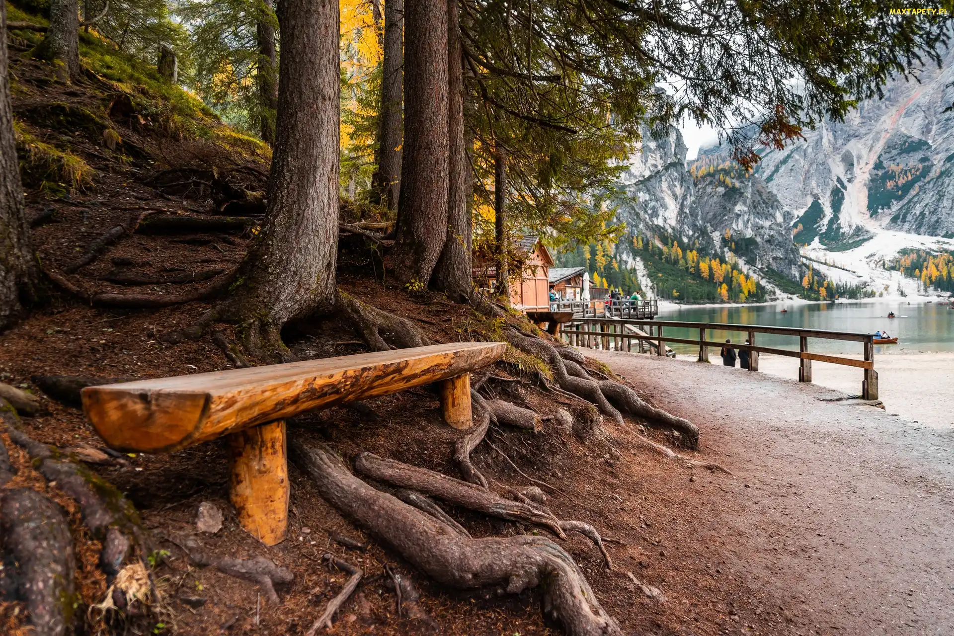 Lago di Braies, Pragser Wildsee, Jezioro, Dolomity, Łódki, Pomost, Drzewa, Włochy, Ławka, Droga, Góry, Korzenie, Ludzie, Domki