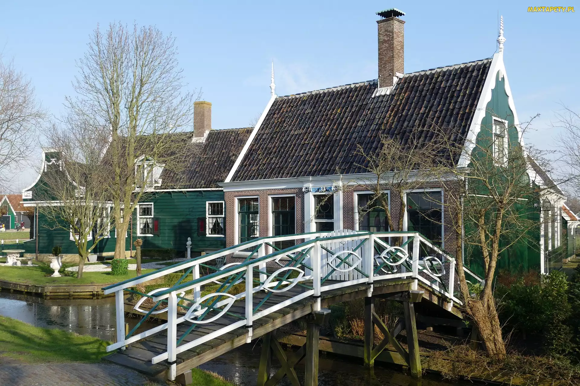 Skansen Zaanse Schans, Mostek, Zaandam, Holandia, Kanał, Domy