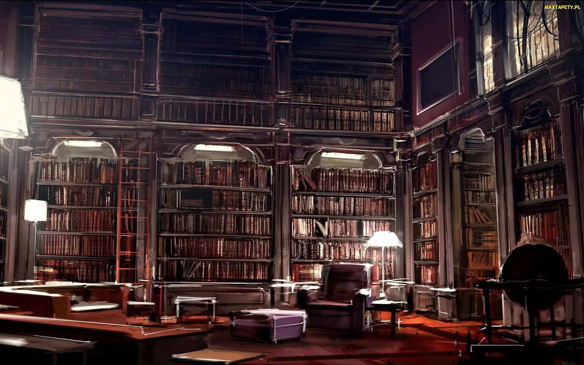 Wnętrze, Książki, Grafika, Regały, Lampy, Biblioteka, Globus, Fotel