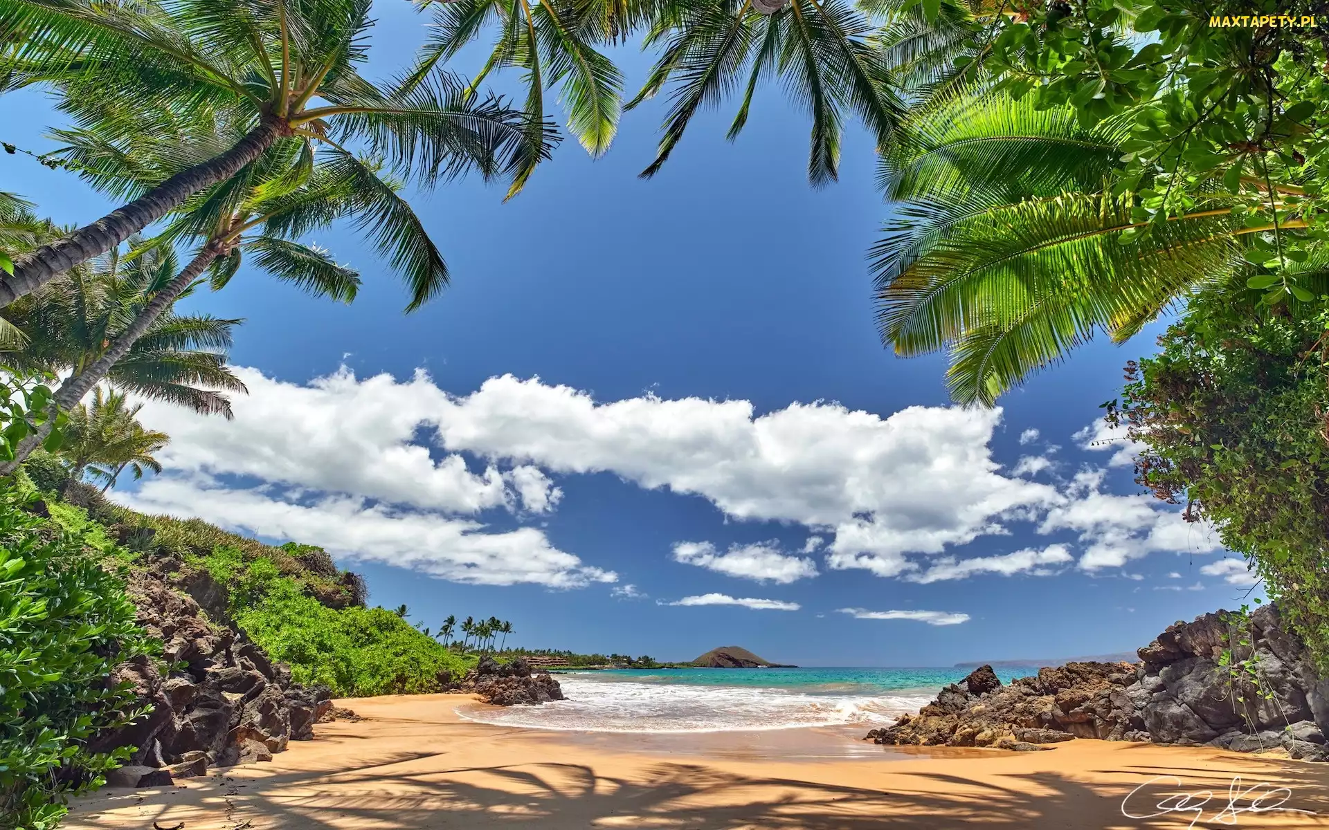 Palmy, Plaża Makena, Wyspa Maui, Skały, Chmury, Hawaje, Morze