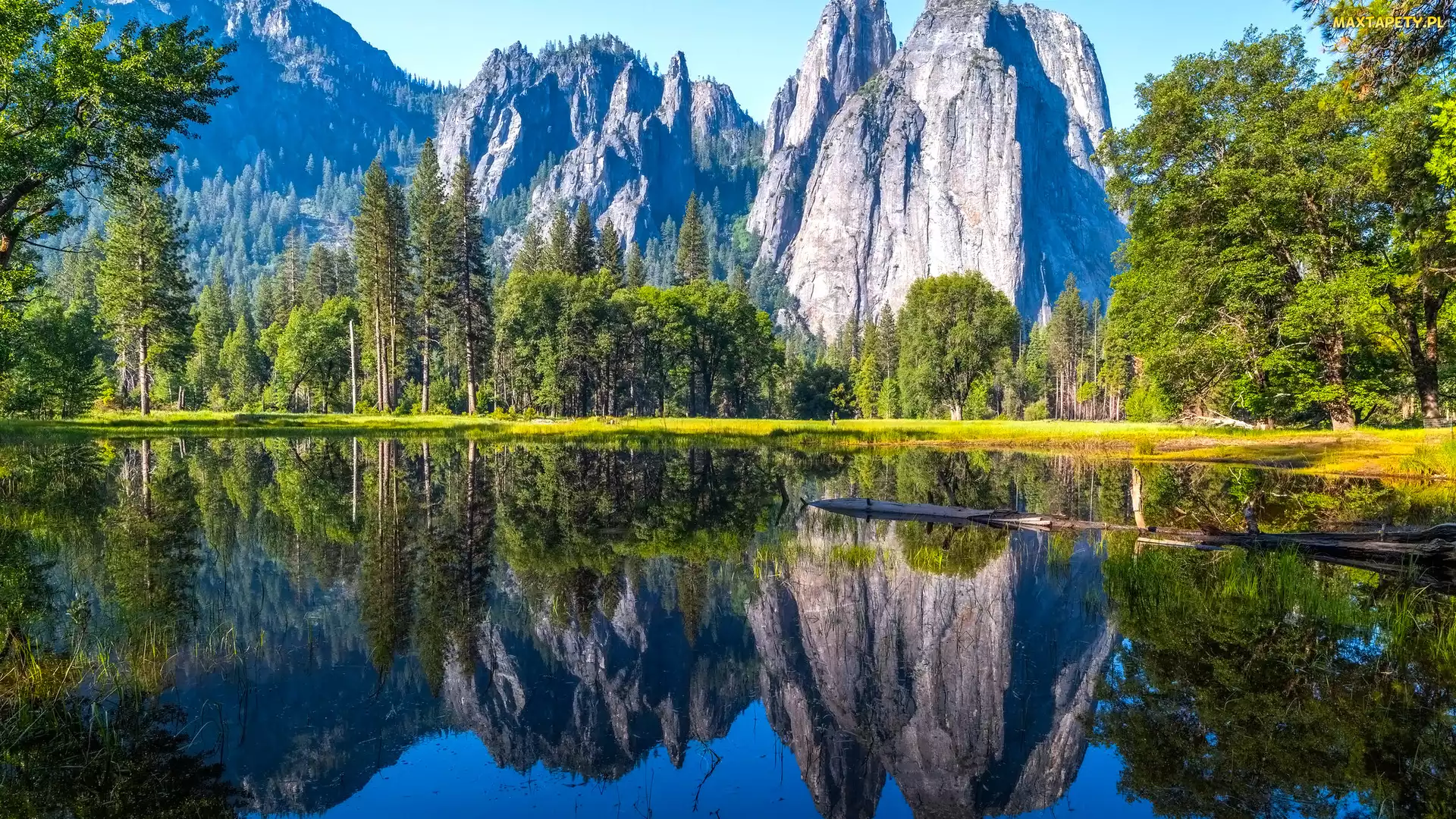 Stan Kalifornia, Park Narodowy Yosemite, Drzewa, Stany Zjednoczone, Odbicie, Góry, Jezioro
