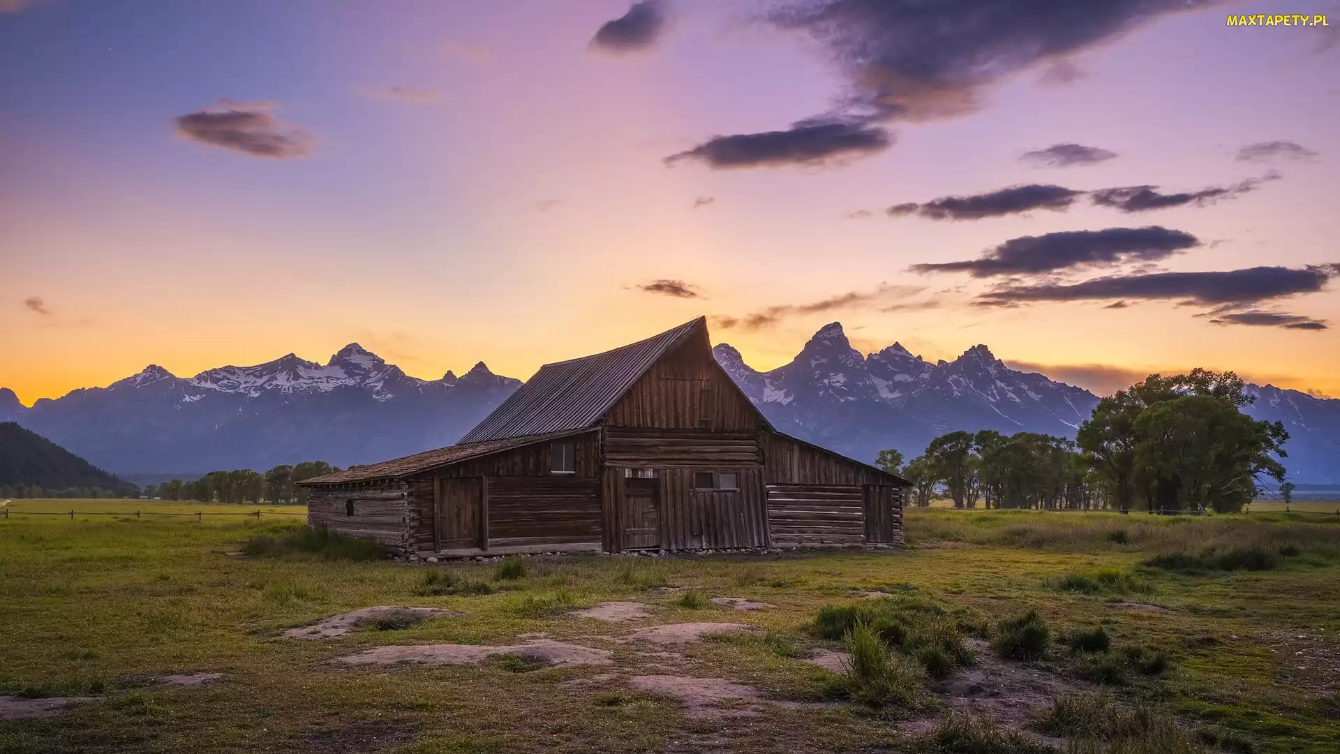 Stodoła, Stan Wyoming, Drzewa, Stany Zjednoczone, Park Narodowy Grand Teton, Teton Range, Drewniana, Chata, Góry