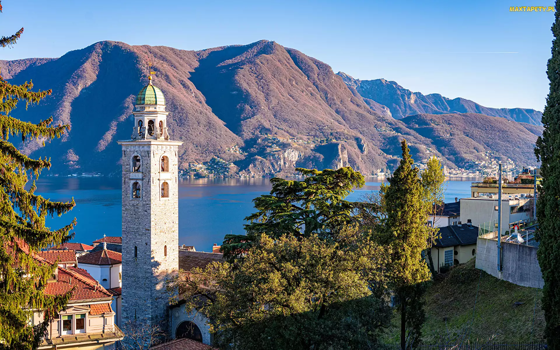 Domy, Wieża, Szwajcaria, Alpy, Kościół, Drzewa, Kanton Ticino, Katedra Świętego Wawrzyńca, Jezioro Lugano, Lugano, Góra