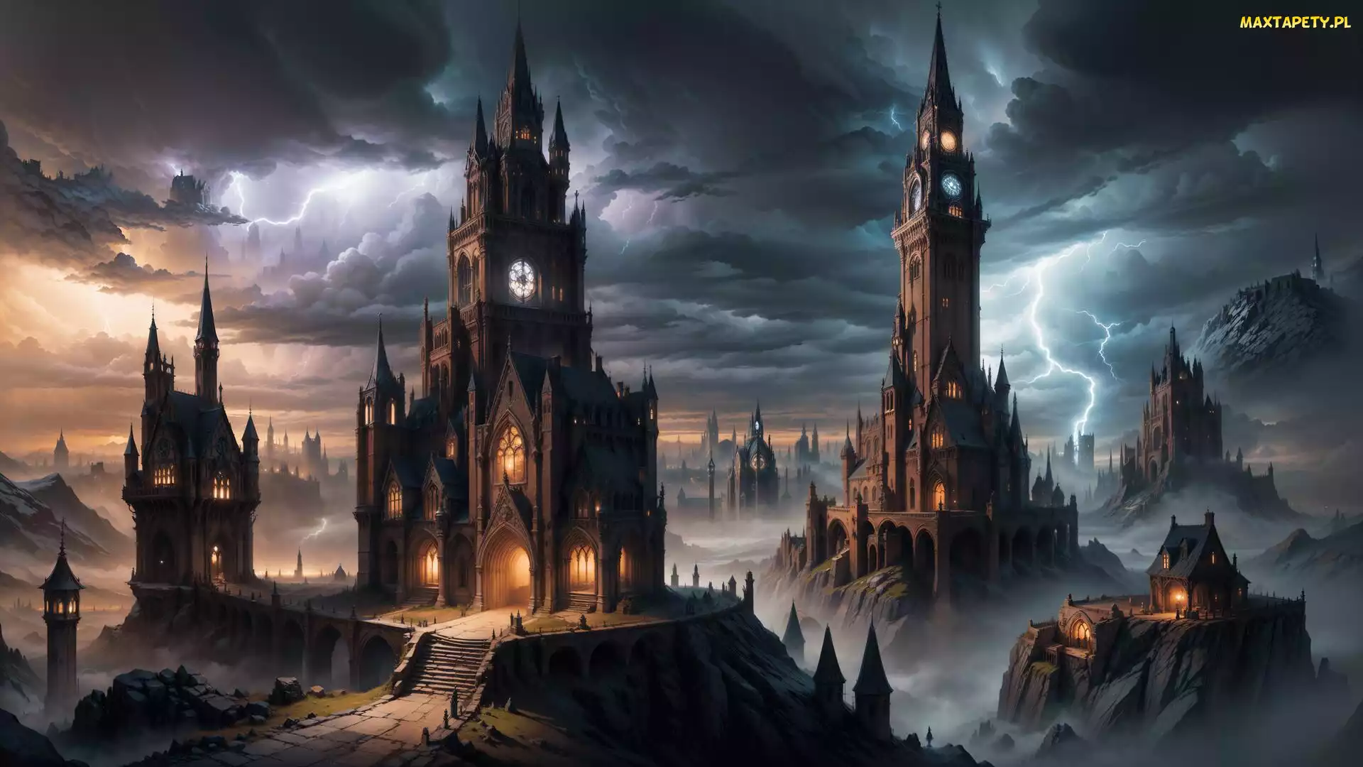 Miasto, Błyskawica, Noc, Budowle, Fantasy