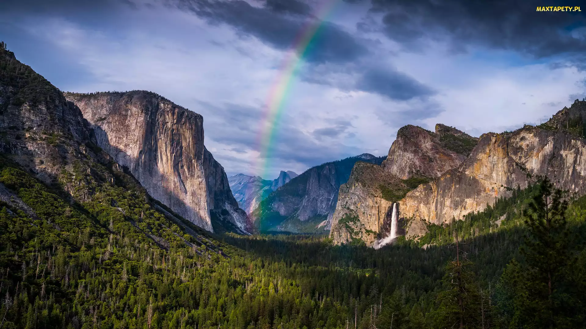 Stany Zjednoczone, Drzewa, Chmury, Lasy, Tęcza, Dolina, Kalifornia, Park Narodowy Yosemite, Góry