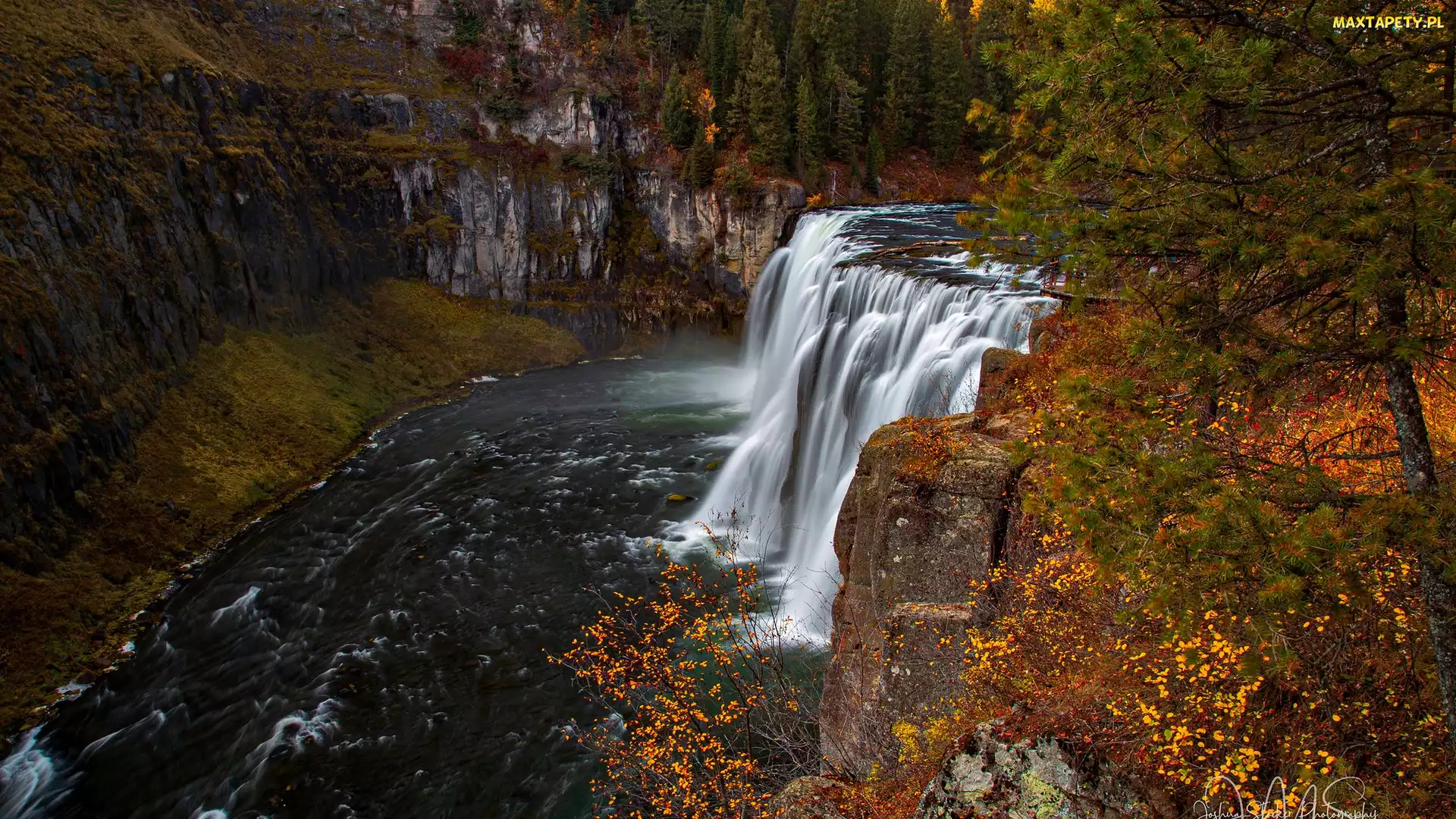 Jesień, Idaho, Skały, Stany Zjednoczone, Rzeka, Drzewa, Wodospad, Upper Mesa Falls, Las
