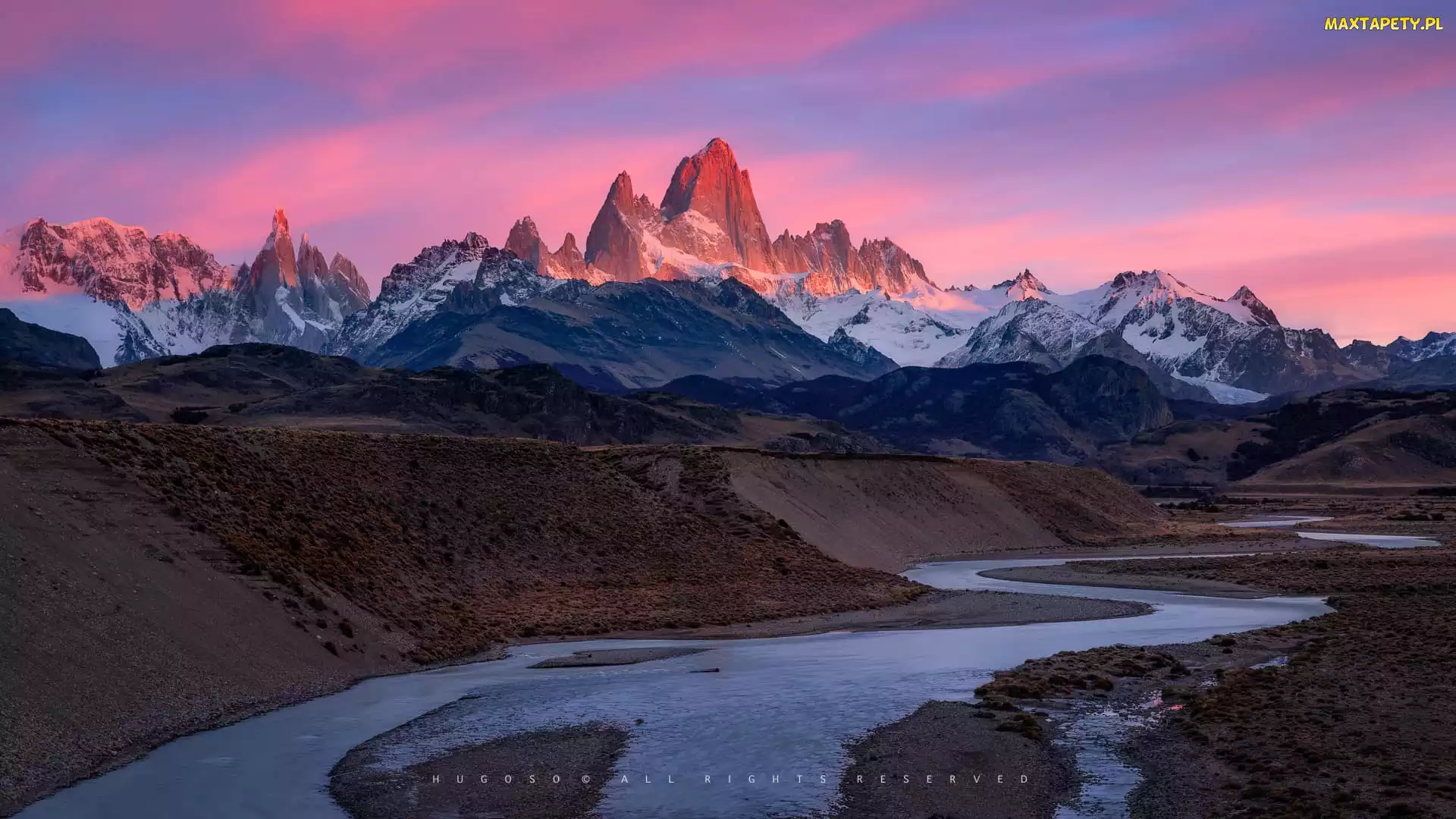 Argentyna, Rzeka, Fitz Roy, Park Narodowy Los Glaciares, Wschód słońca, Szczyt, Patagonia, Góry, Andy