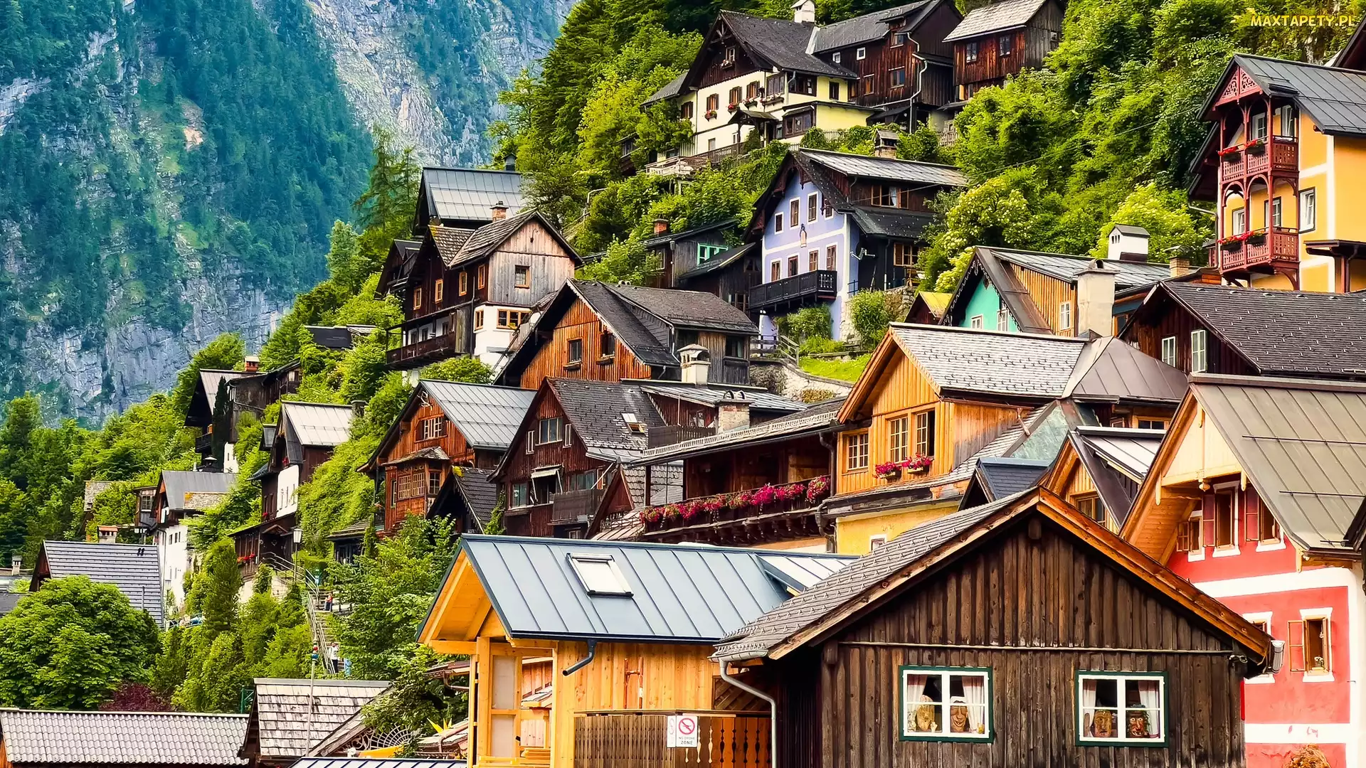 Hallstatt, Drzewa, Góry, Domy, Austria