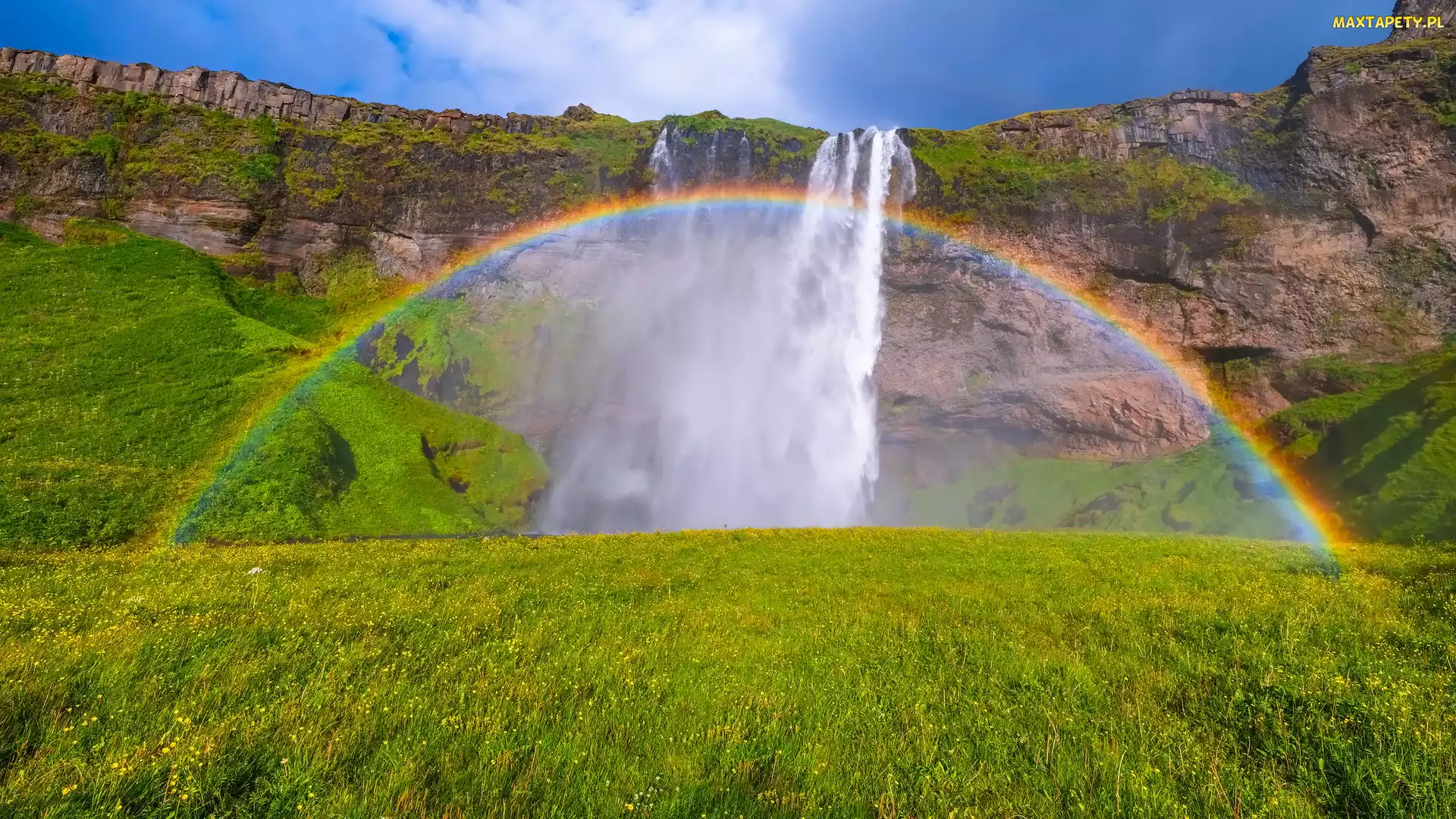 Islandia, Tęcza, Seljalandsfoss, Wodospad, Trawa, Skały