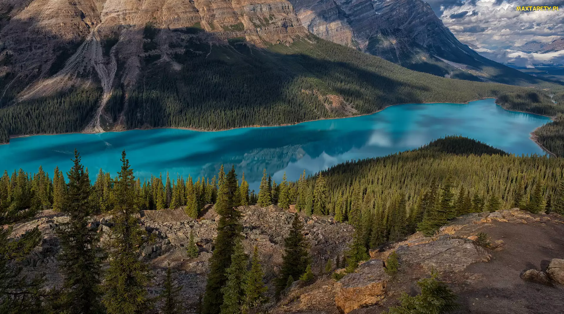 Park Narodowy Banff, Peyto Lake, Skały, Kanada, Jezioro, Góry, Drzewa
