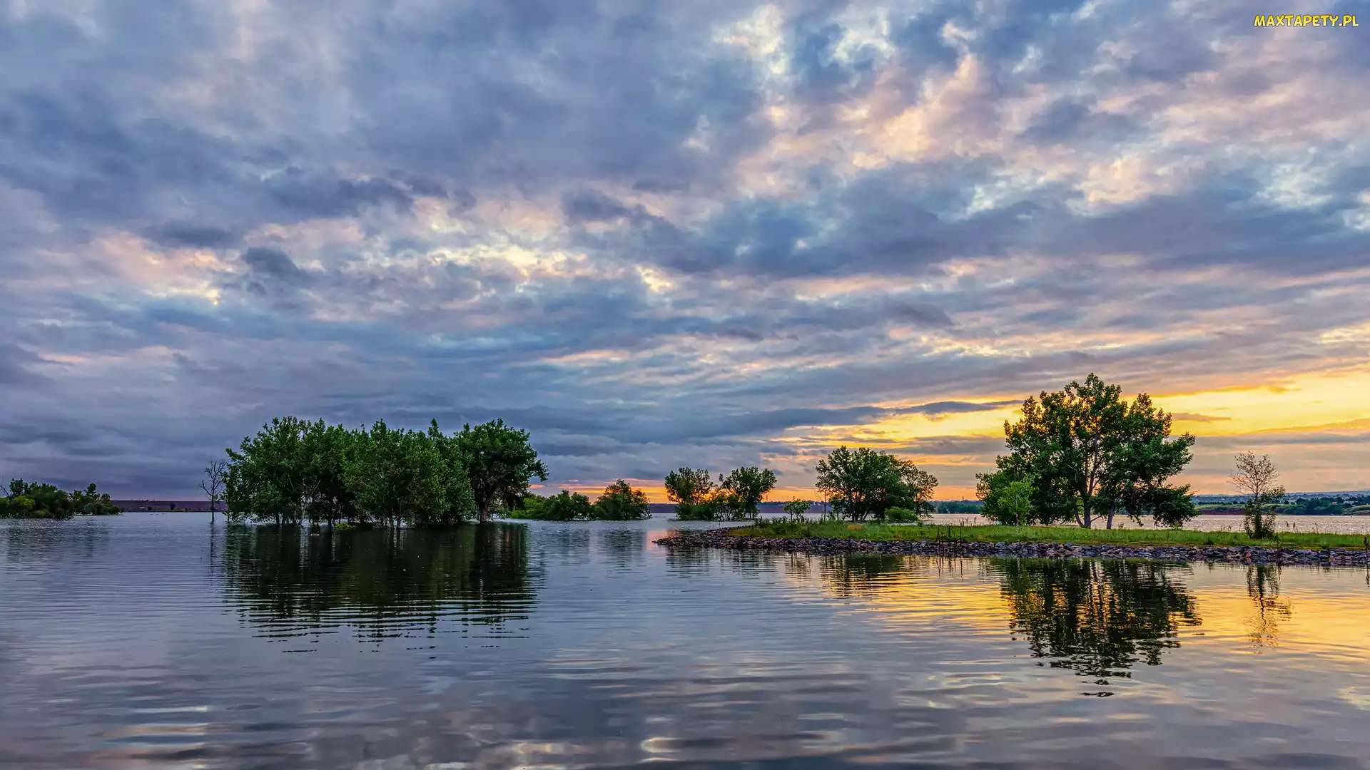 Stany Zjednoczone, Chmury, Chatfield Lake, Niebo, Drzewa, Jezioro, Kolorado, Park stanowy, Chatfield State Park