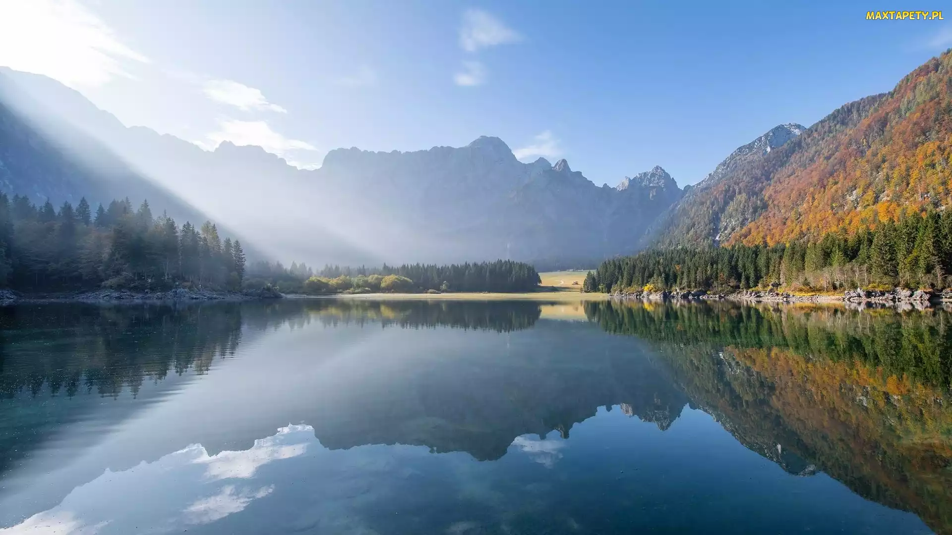 Odbicie, Drzewa, Alpy Julijskie, Włochy, Fusine Lake, Góry, Jezioro