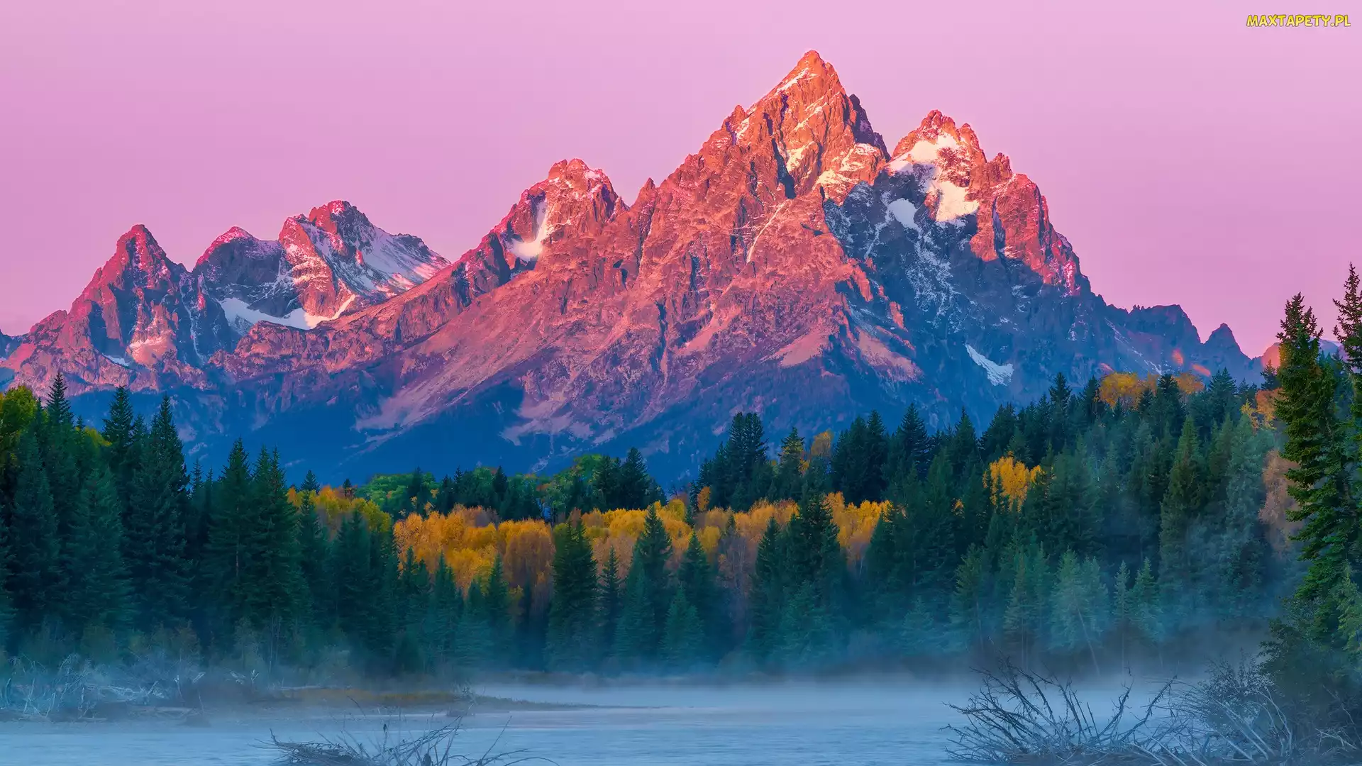 Stan Wyoming, Teton Range, Stany Zjednoczone, Góry, Drzewa, Park Narodowy Grand Teton, Jesień, Rzeka