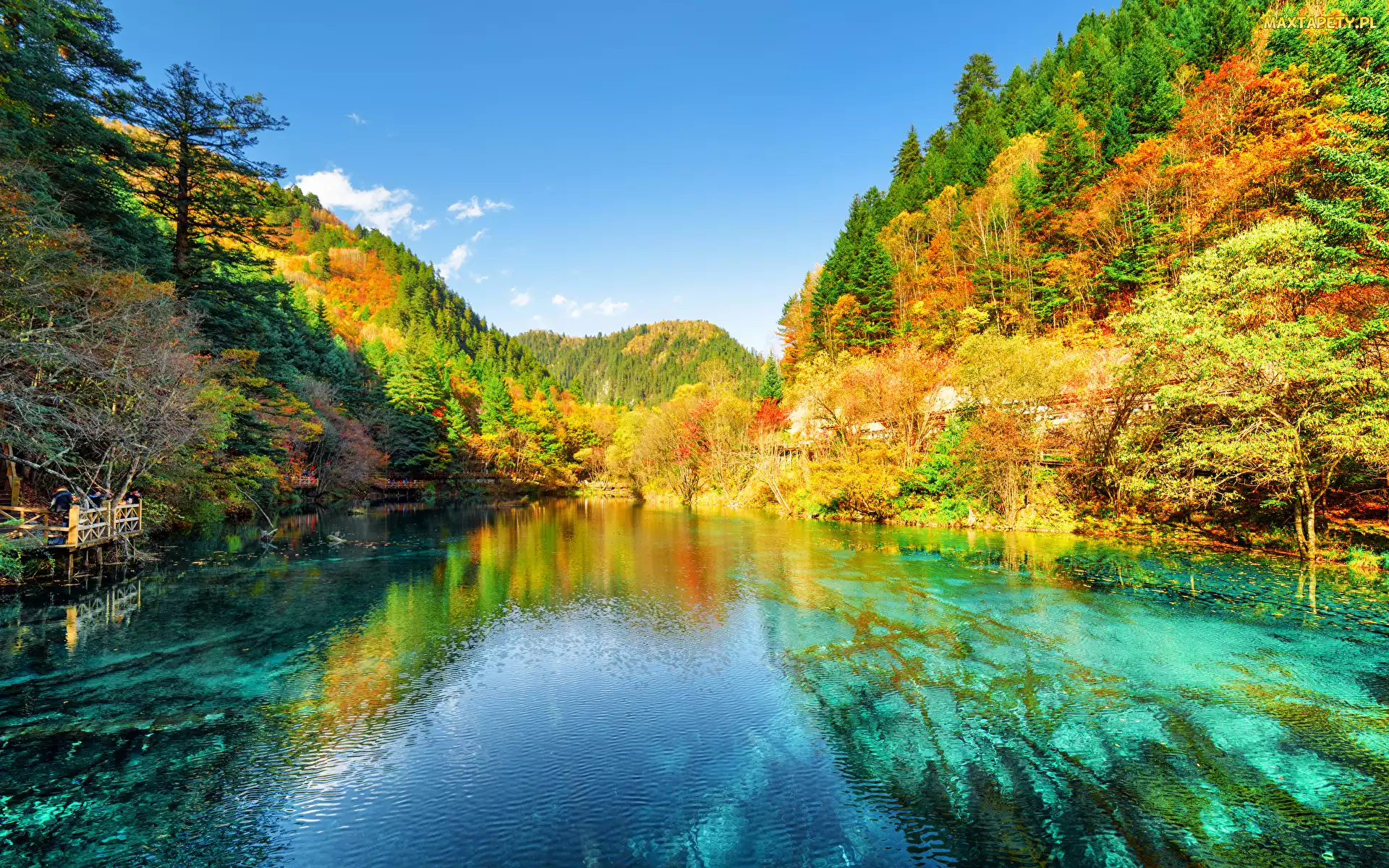 Jesień, Góry, Park Narodowy Jiuzhaigou, Chiny, Jezioro, Las