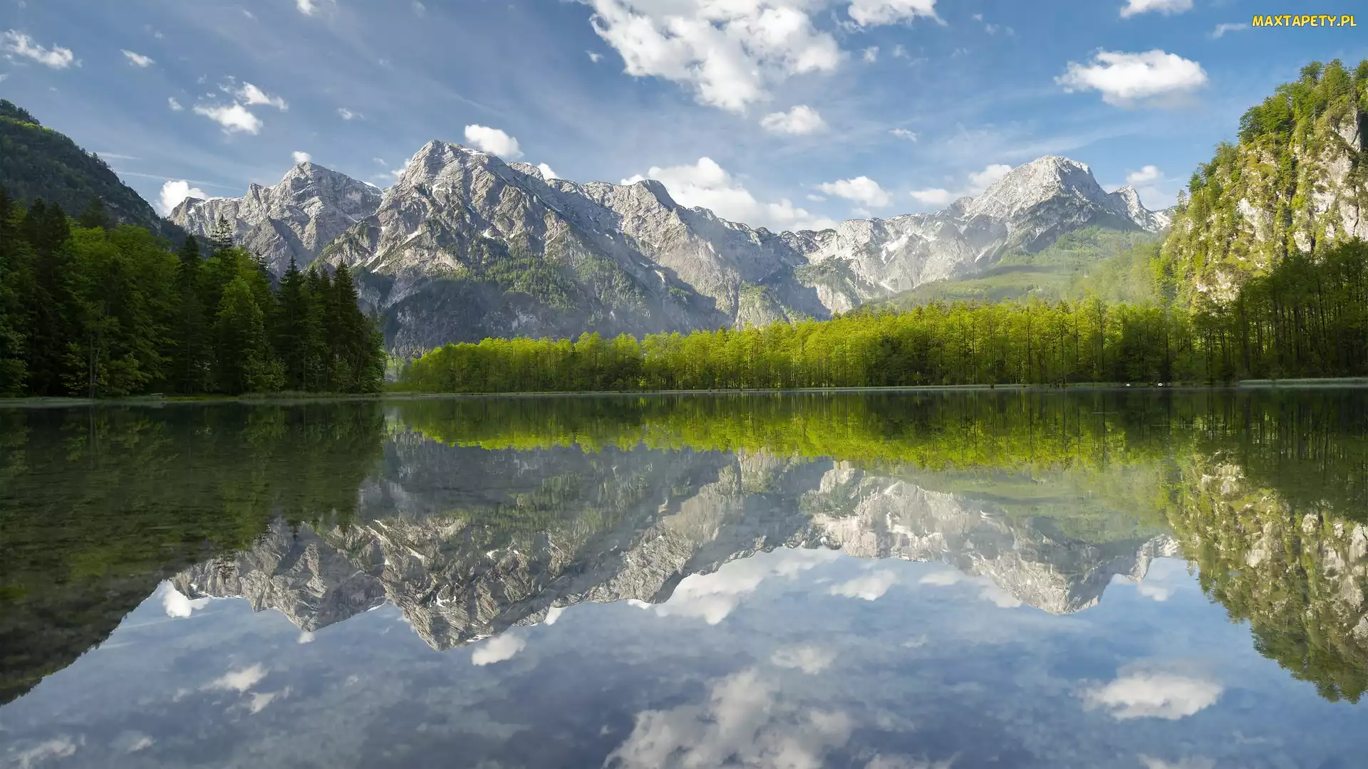 Jezioro Almsee, Austria, Odbicie, Drzewa, Góry
