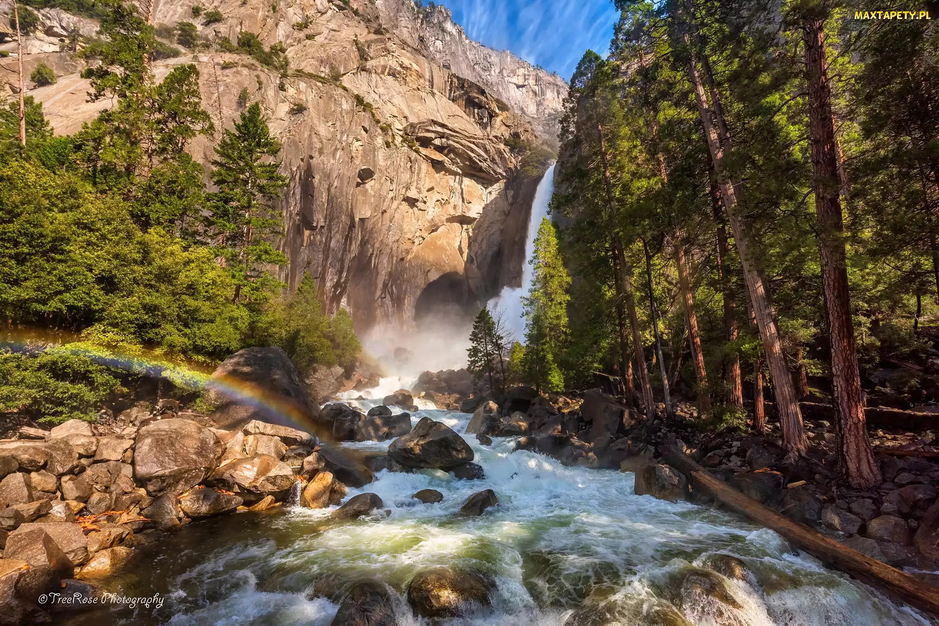 Kalifornia, Drzewa, Stany Zjednoczone, Góry, Rzeka, Park Narodowy Yosemite, Tęcza, Wodospad