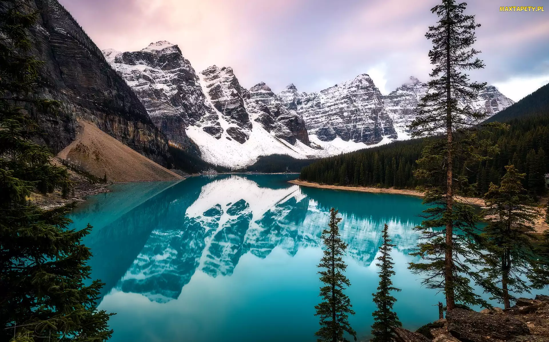 Odbicie, Park Narodowy Banff, Góry, Kanada, Zima, Jezioro Moraine, Las
