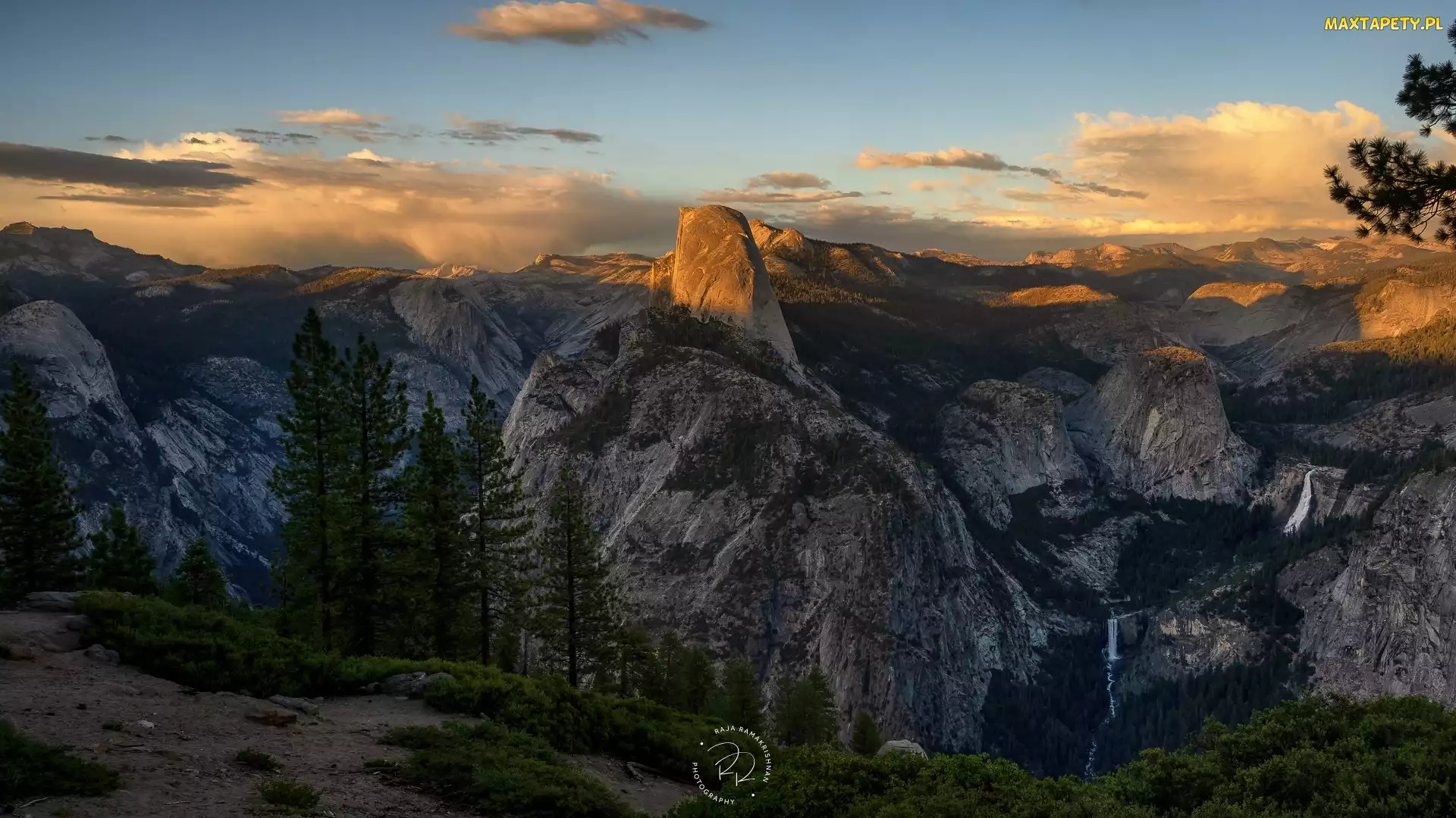 Stany Zjednoczone, Drzewa, Góry, Zachód słońca, Half Dome, Washburn Point, Kalifornia, Park Narodowy Yosemite, Punk widokowy