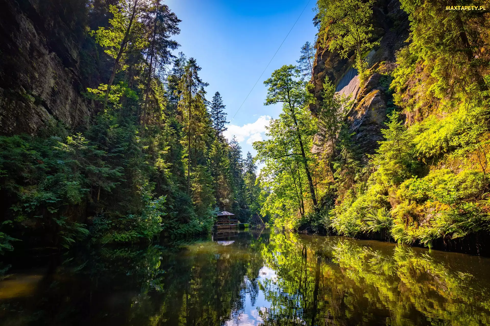 Wąwóz, Dom, Drzewa, Skały, Rzeka