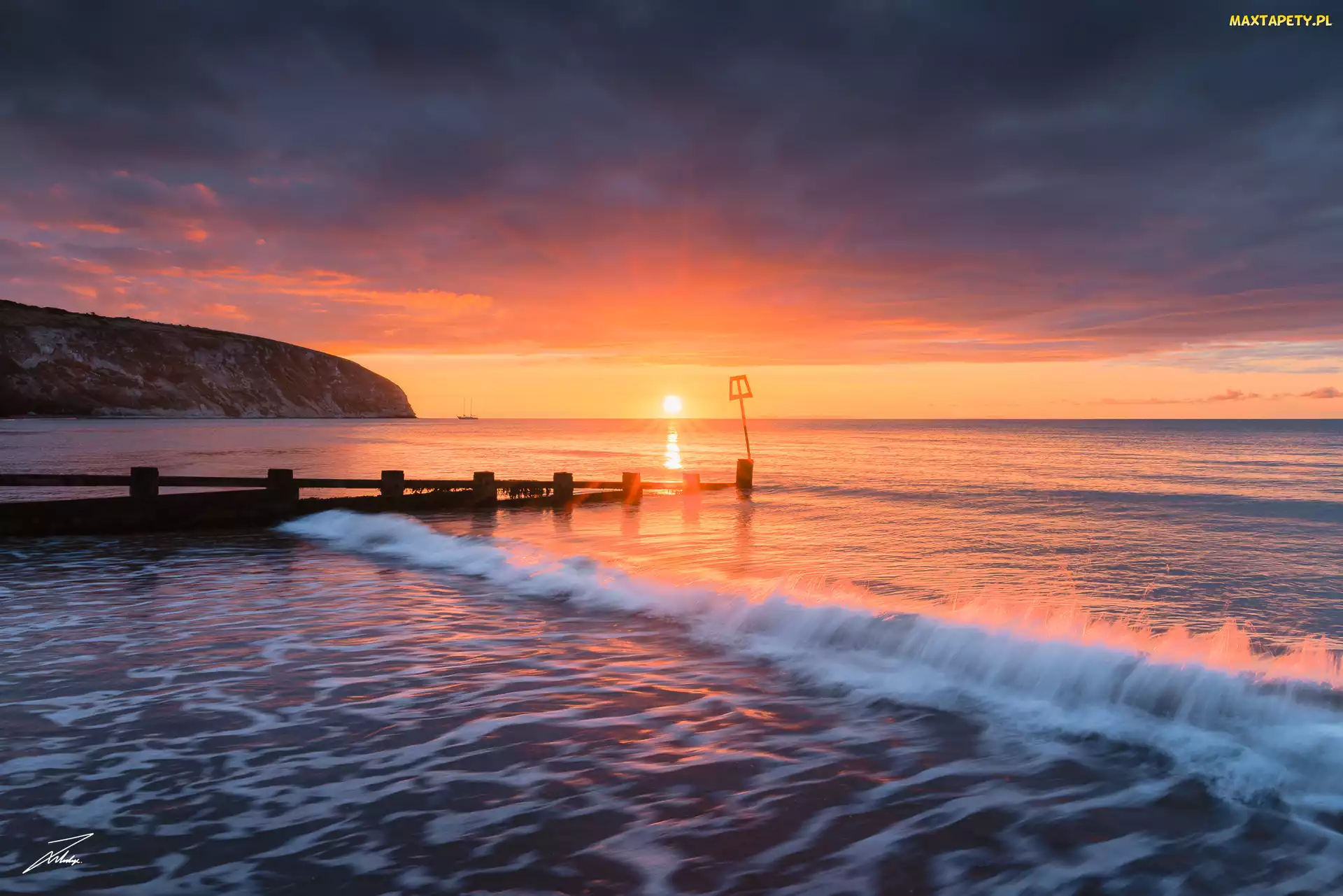 Morze, Wybrzeże, Wschód słońca, Pomost, Dorset, Fala, Anglia, Swanage