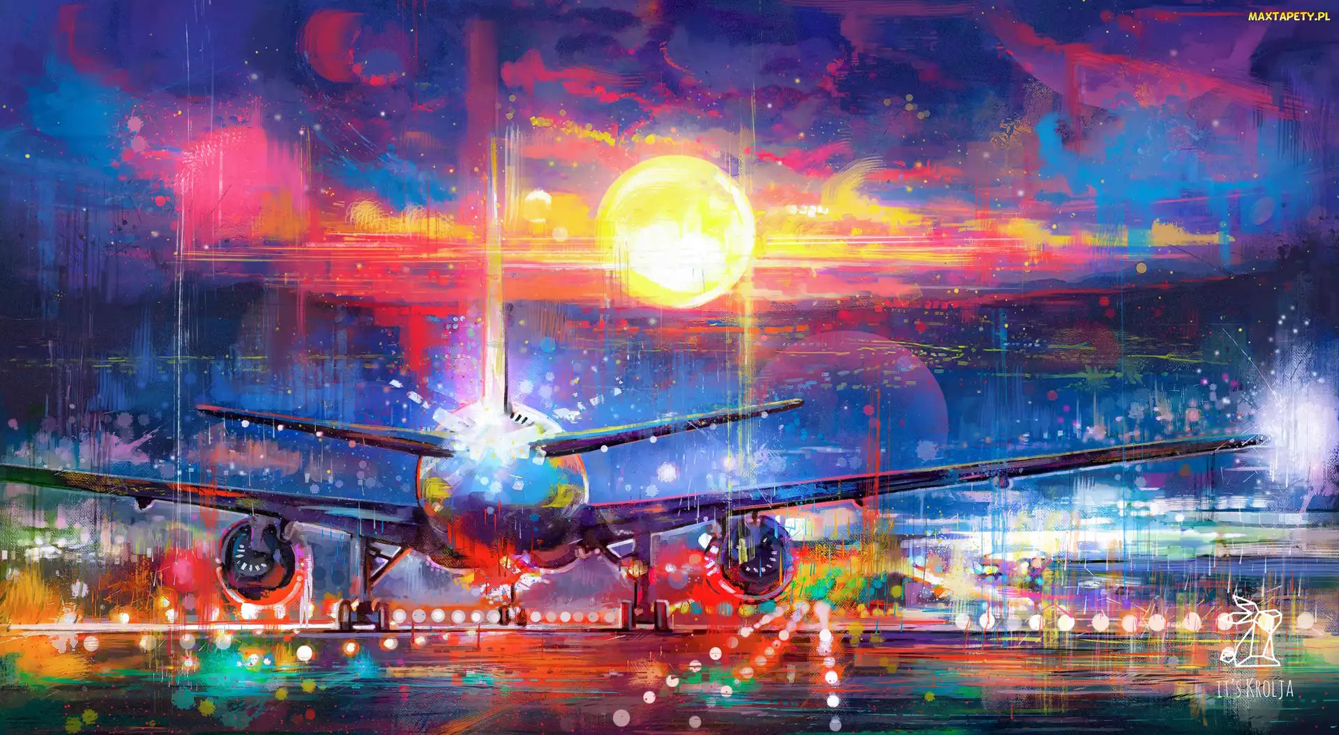 Digital art, Słońce, Pas startowy, Samolot, Grafika