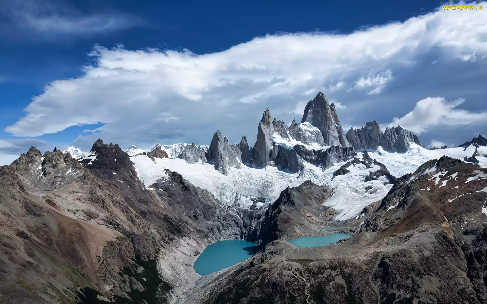 Jeziora, Szczyt Fitz Roy, Patagonia, Niebo, Góry, Argentyna, Ośnieżone