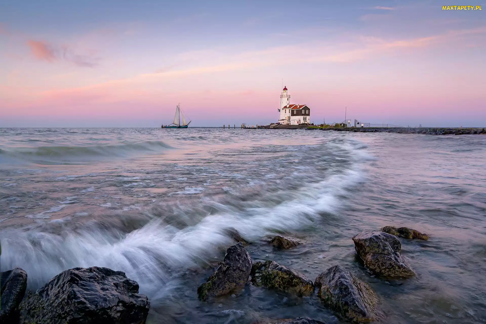 Kamienie, Fala, Het Paard van Marken, Holandia, Jezioro IJsselmeer, Latarnia morska, Półwysep Marken