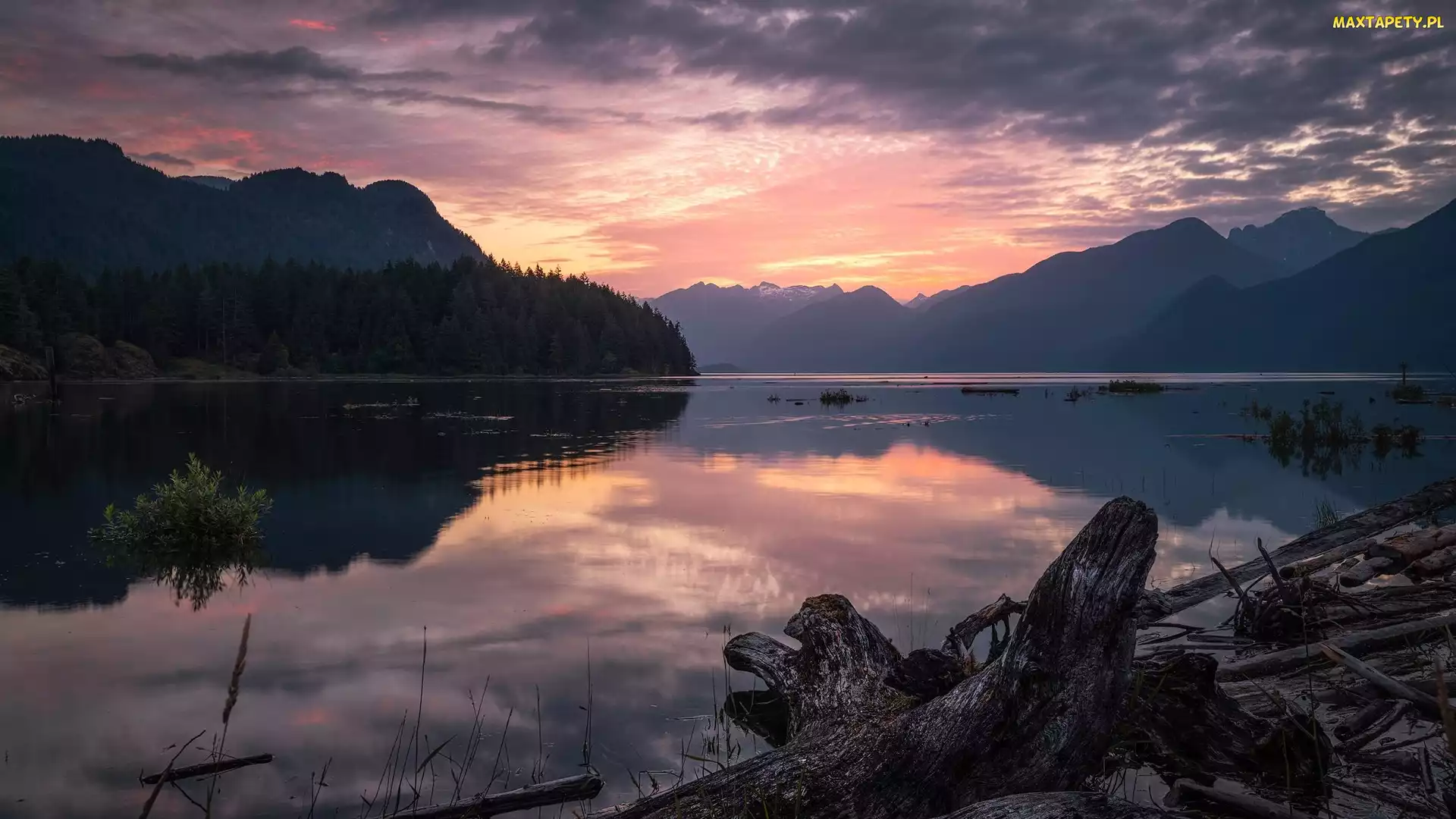 Konar, Pitt Lake, Wschód słońca, Kanada, Jezioro, Poranek, Góry