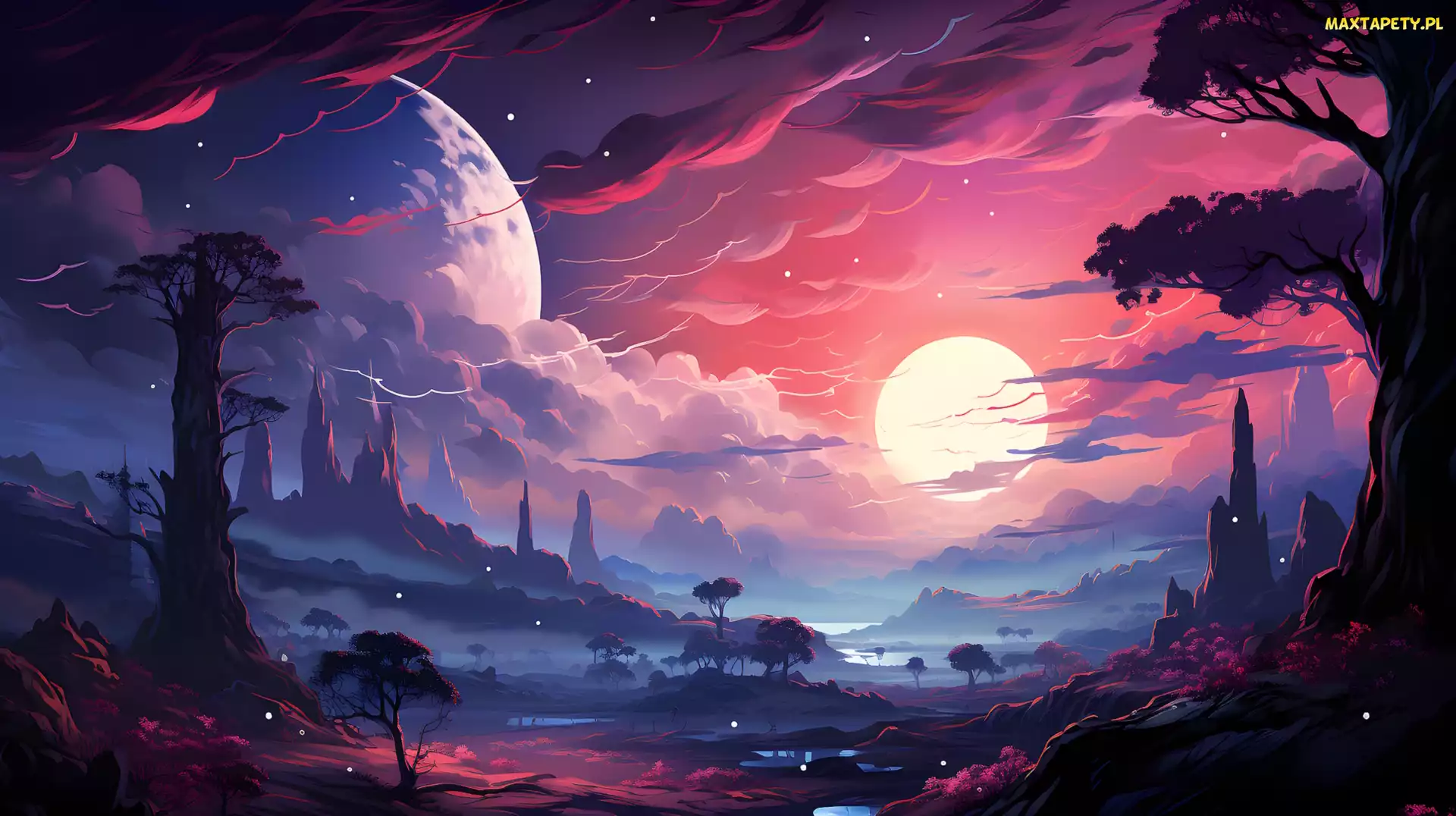 Fantasy, Planeta, Niebo, Księżyc, Chmury, Góry