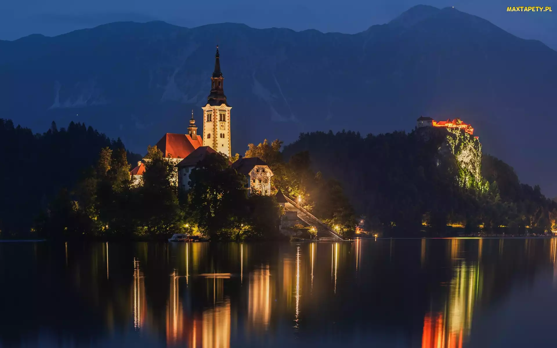 Góry, Kościół, Jezioro Bled, Odbicie, Światła, Słowenia, Noc