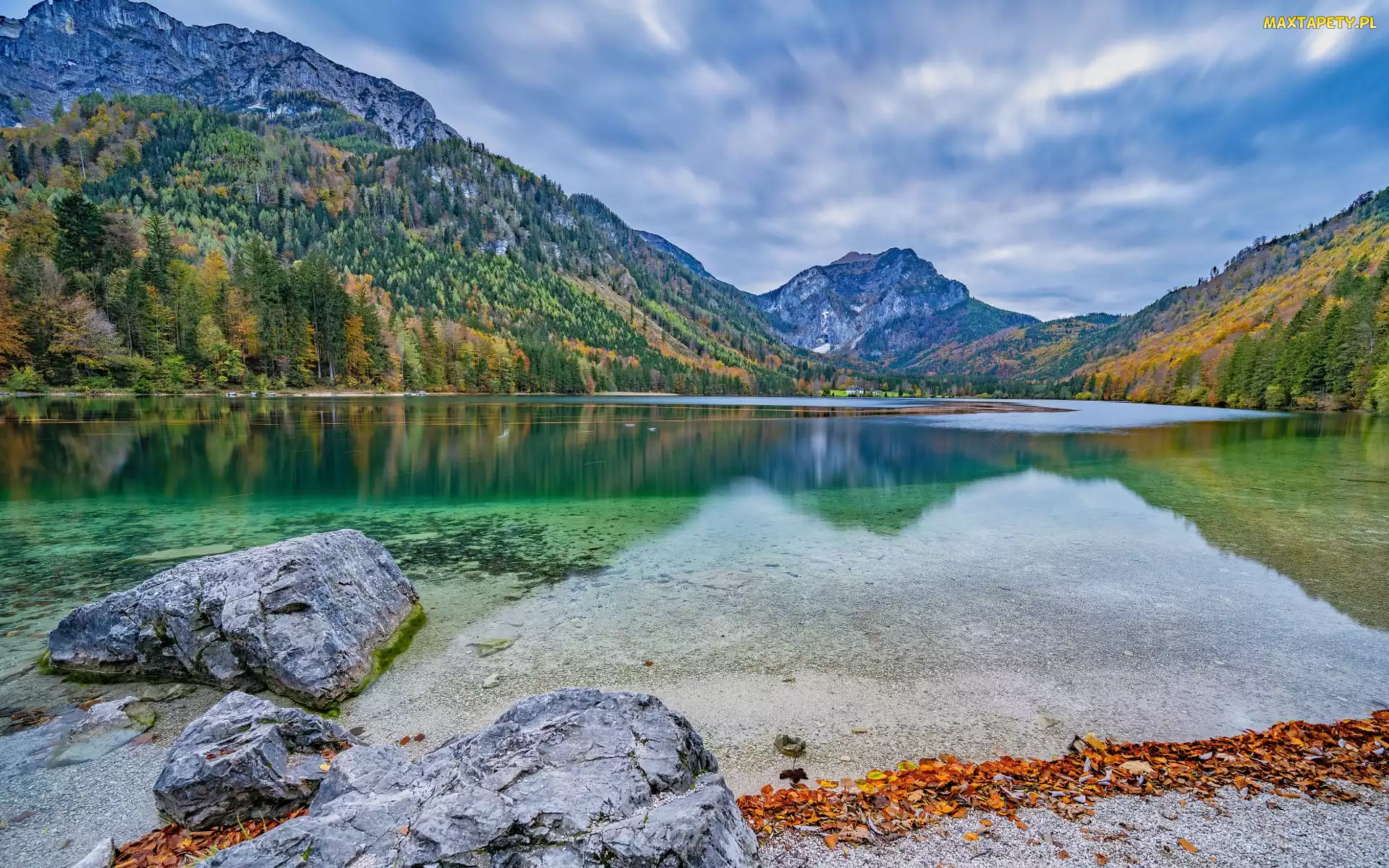 Góry, Liście, Austria, Kamienie, Drzewa, Jezioro Langbathseen, Jesień, Las