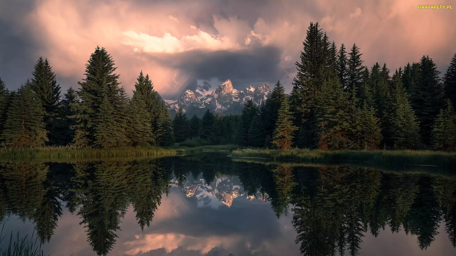 Chmury, Drzewa, Snake River, Zachód słońca, Park Narodowy Grand Teton, Wyoming, Góry, Grand Teton, Stany Zjednoczone, Rzeka