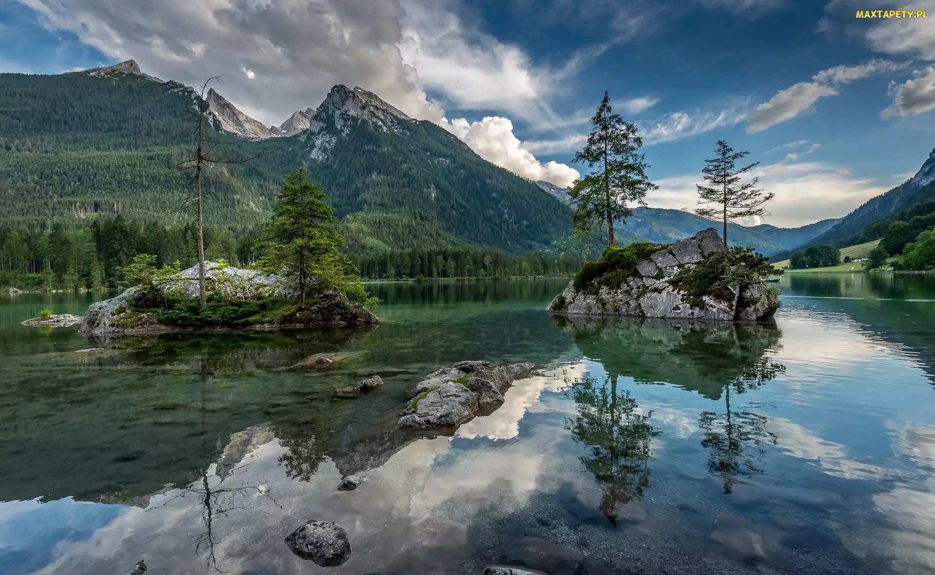 Jezioro Hintersee, Chmury, Góry, Drzewa, Bawaria, Skały, Niemcy, Gmina Berchtesgaden