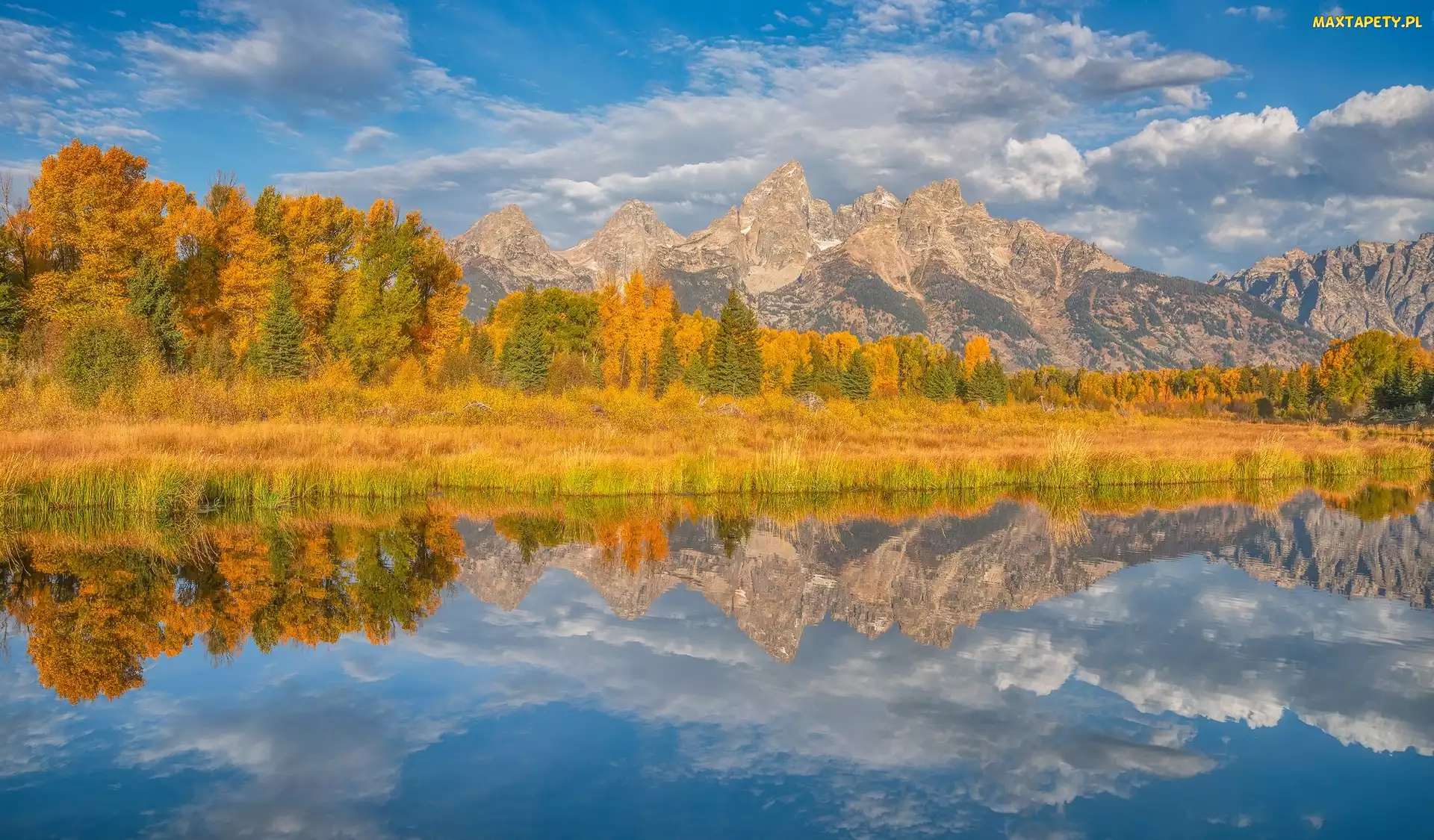 Stany Zjednoczone, Chmury, Jesień, Stan Wyoming, Snake River, Rzeka, Góry, Teton Range, Park Narodowy Grand Teton, Drzewa