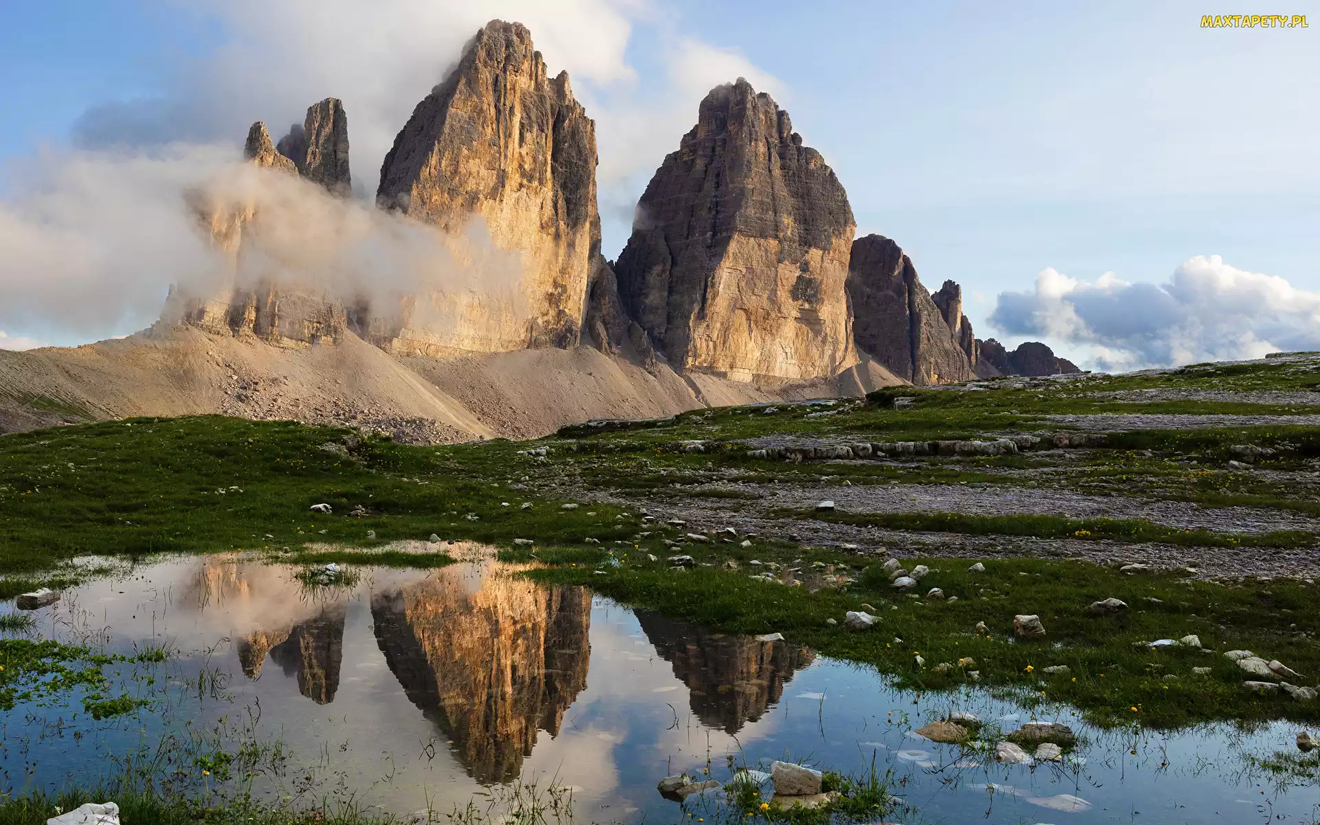 Odbicie, Woda, Góry, Włochy, Tre Cime di Lavaredo, Trzy szczyty