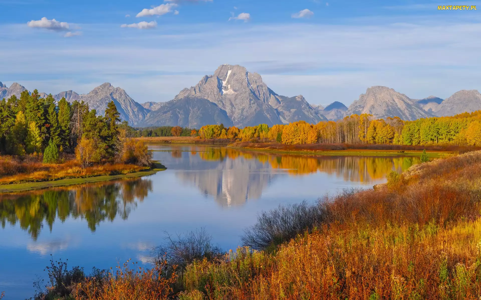 Stany Zjednoczone, Rzeka Snake River, Jesień, Stan Wyoming, Teton Range, Góry, Las, Drzewa, Park Narodowy Grand Teton, Krzewy