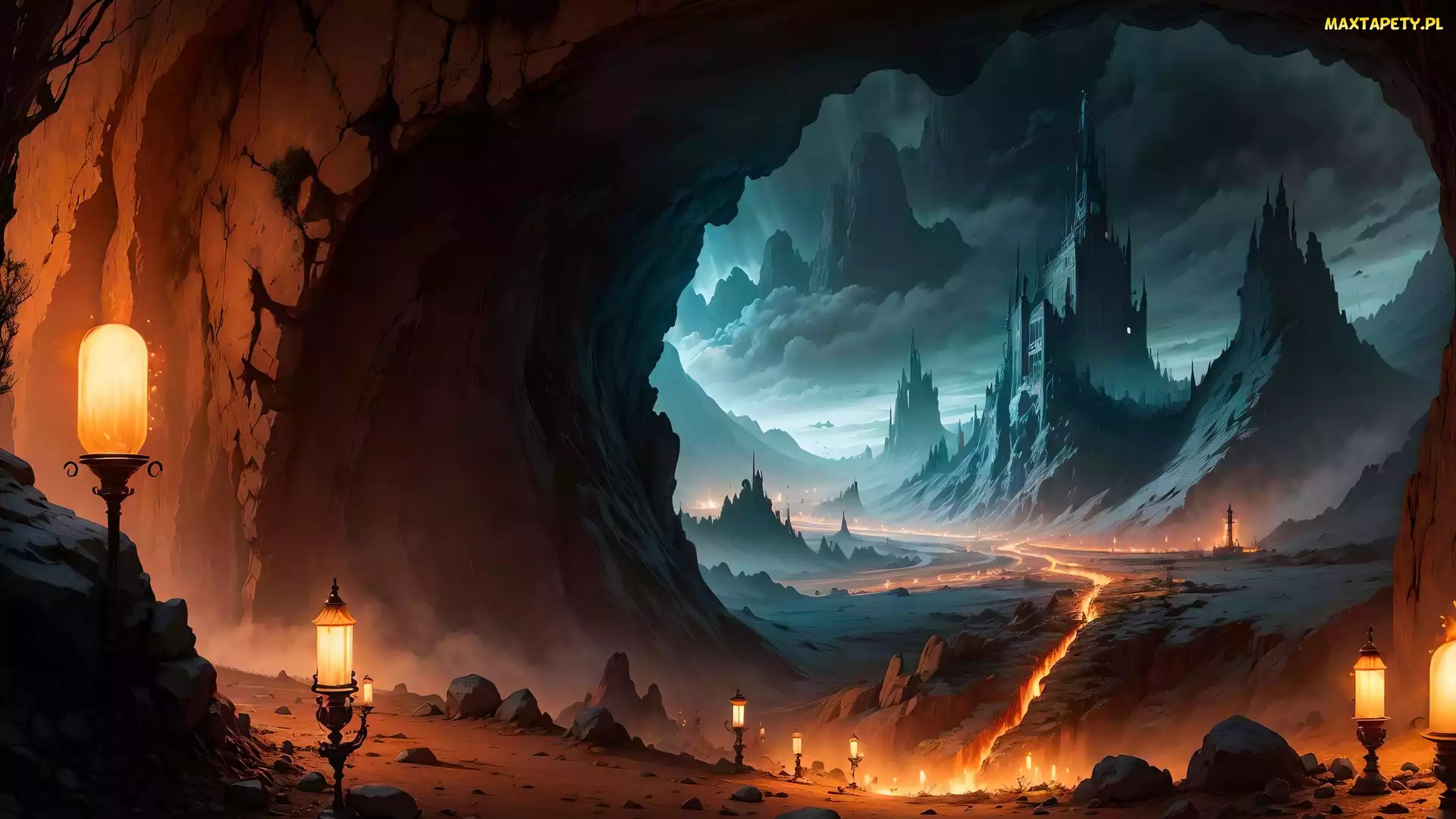 Fantasy, Góry, Oświetlenie, Jaskinia, Lampy, Zamek