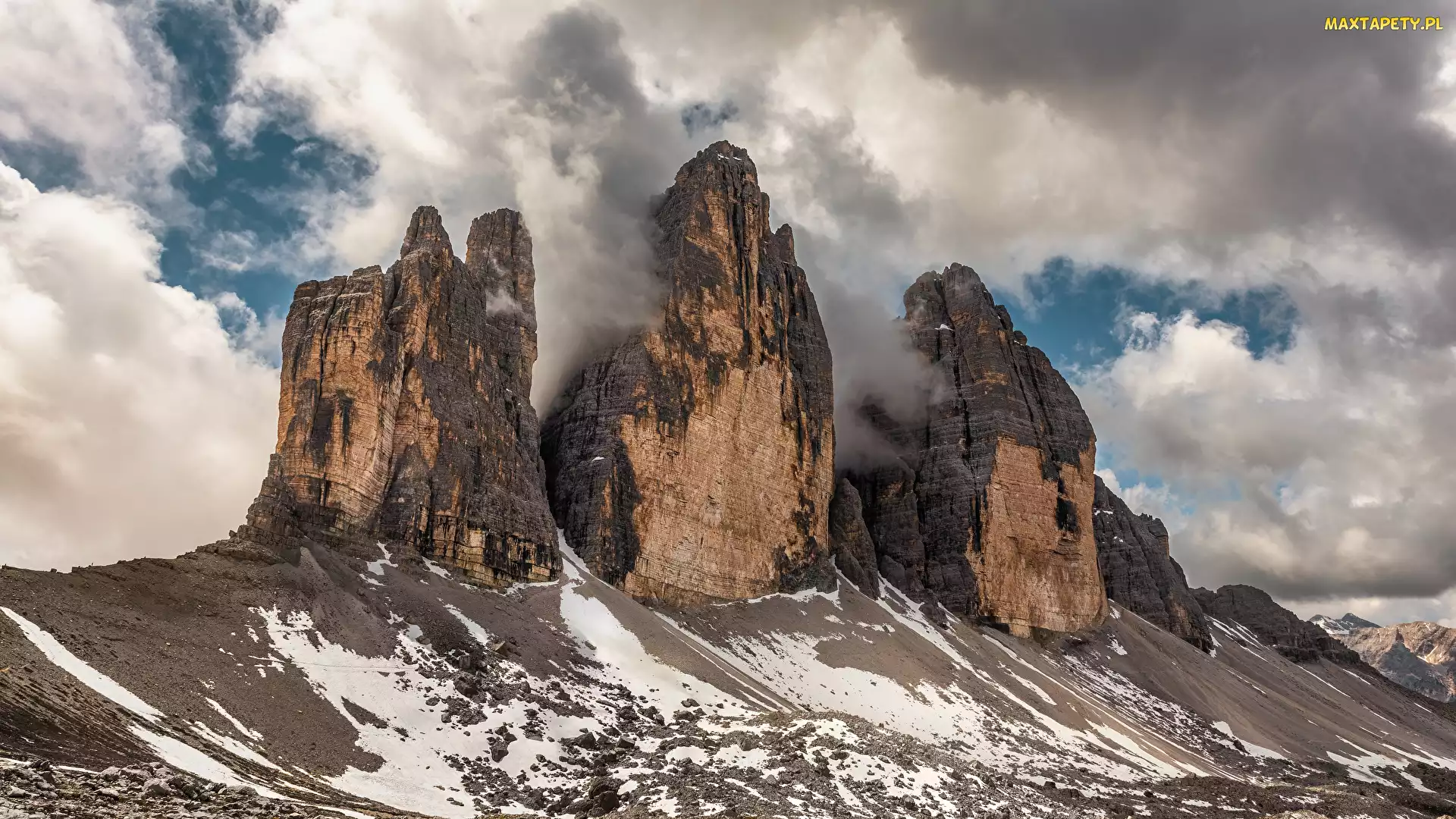 Śnieg, Cima Piccola, Cima Grande, Chmury, Dolomity, Tre Cime di Lavaredo, Trzy, Szczyty, Włochy, Cima Ovest