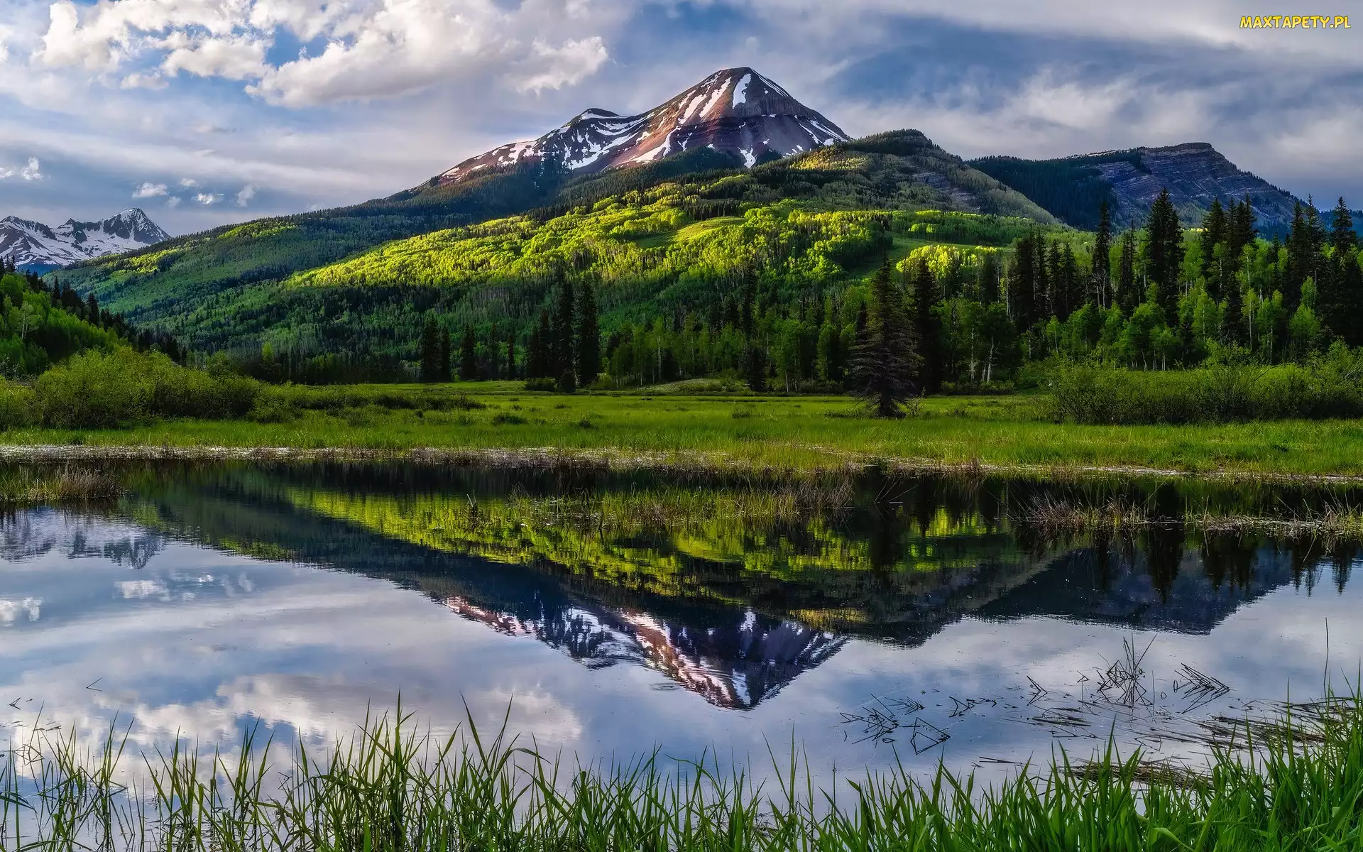 San Juan Mountains, Chmury, Góry, Drzewa, Stan Kolorado, Jezioro, Stany Zjednoczone, Odbicie