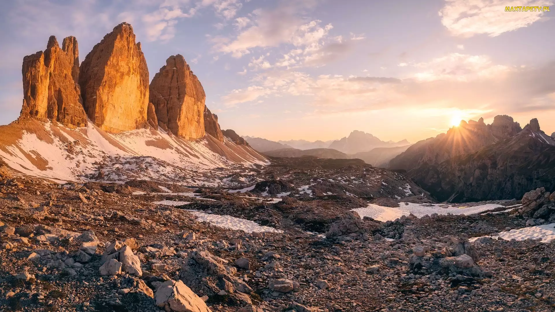 Dolomity, Le Tre Cime, Góry, Pasmo górskie, Kamienie, Skały, Włochy, Promienie słońca