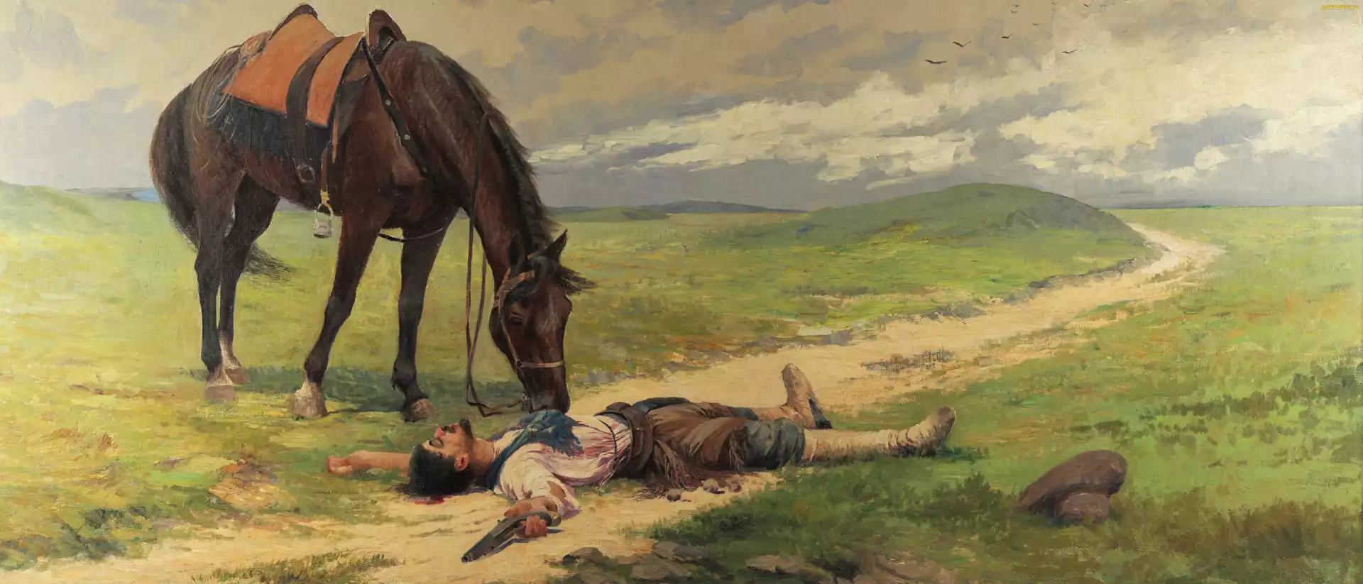 Malarstwo, Broń, Koń, Samobójstwo, Mężczyzna, Koniec romansu, Obraz, Antonio Parreiras, Fim de romance