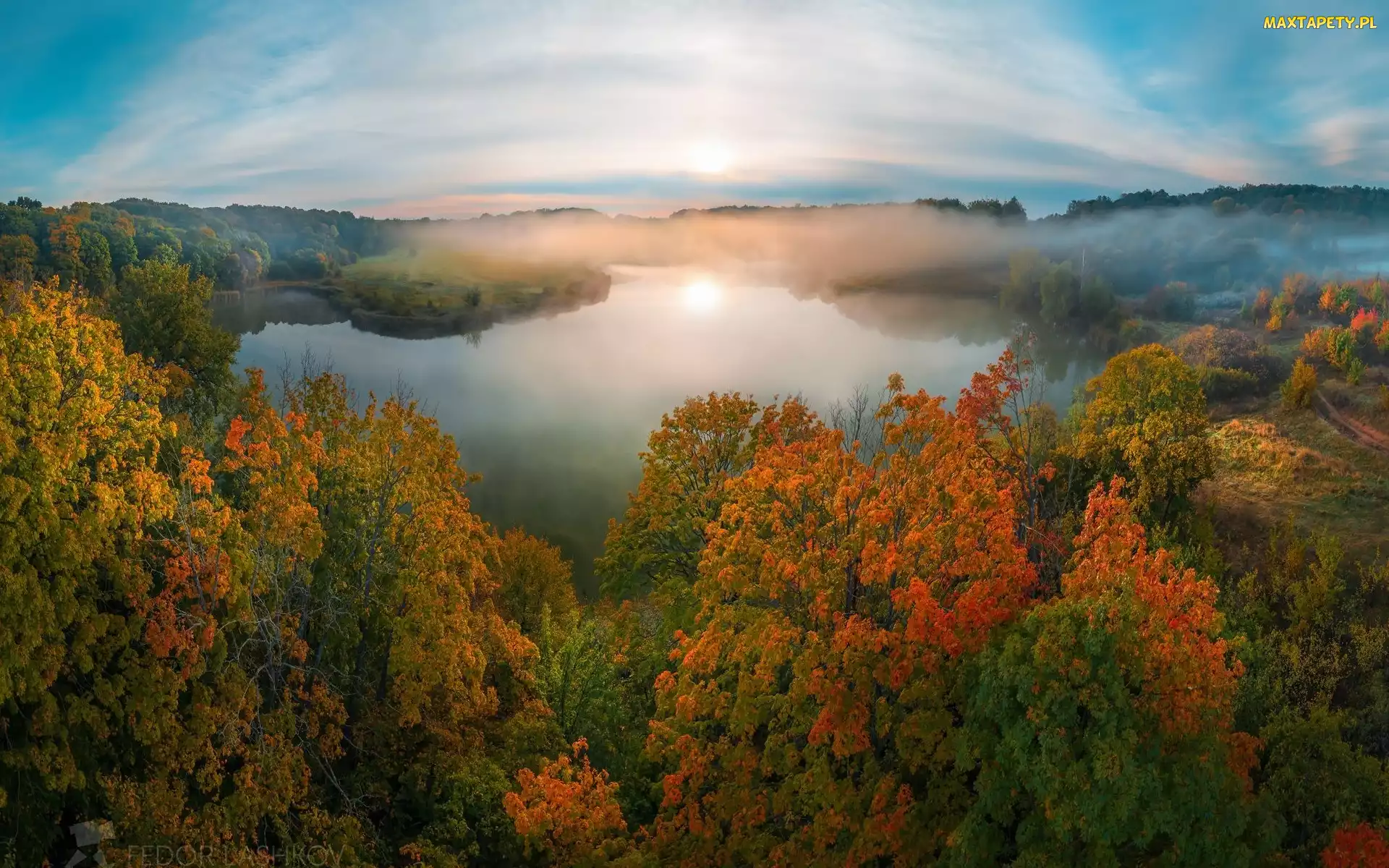 Las, Mgła, Jesień, Drzewa, Jezioro