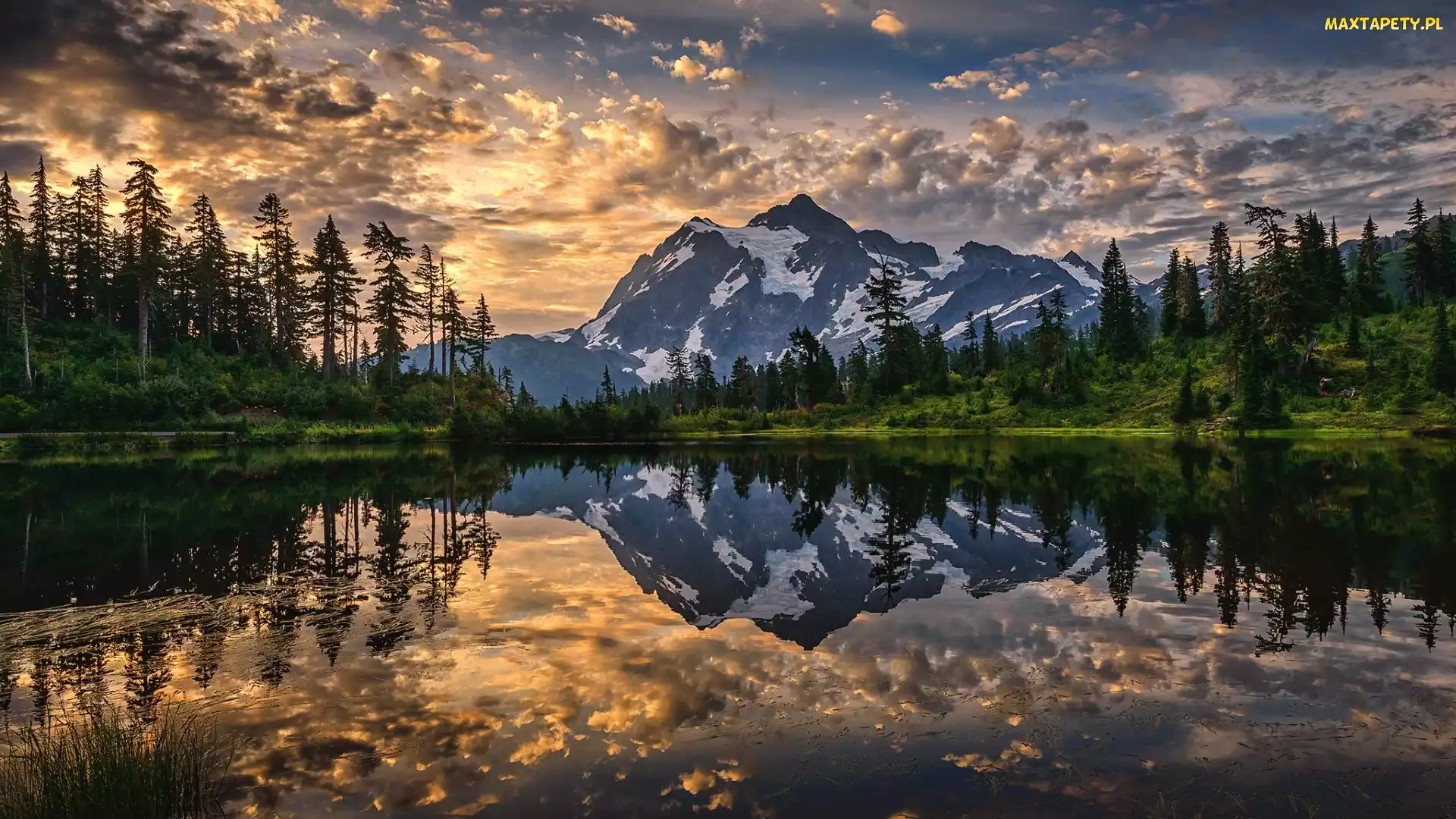 Stany Zjednoczone, Park Narodowy Północnych Gór Kaskadowych, Odbicie, Stan Waszyngton, Drzewa, Picture Lake, Góry, Mount Shuksan, Jezioro, Zachód słońca