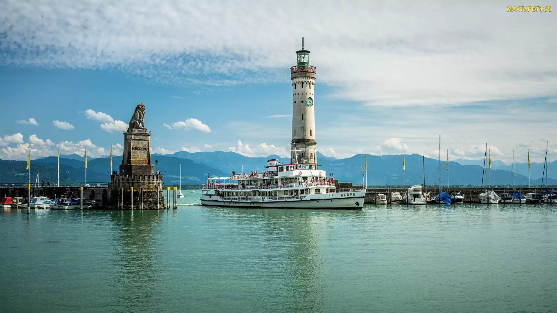 Latarnia morska, Jezioro Bodeńskie, Lindau, New Lighthouse, Port, Niemcy, Góry