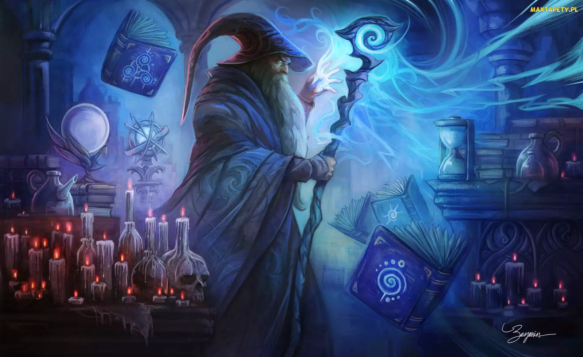 Grafika, Księgi, Świece, Klepsydra, Czaszka, Laska, Fantasy, Czarnoksiężnik, Czara