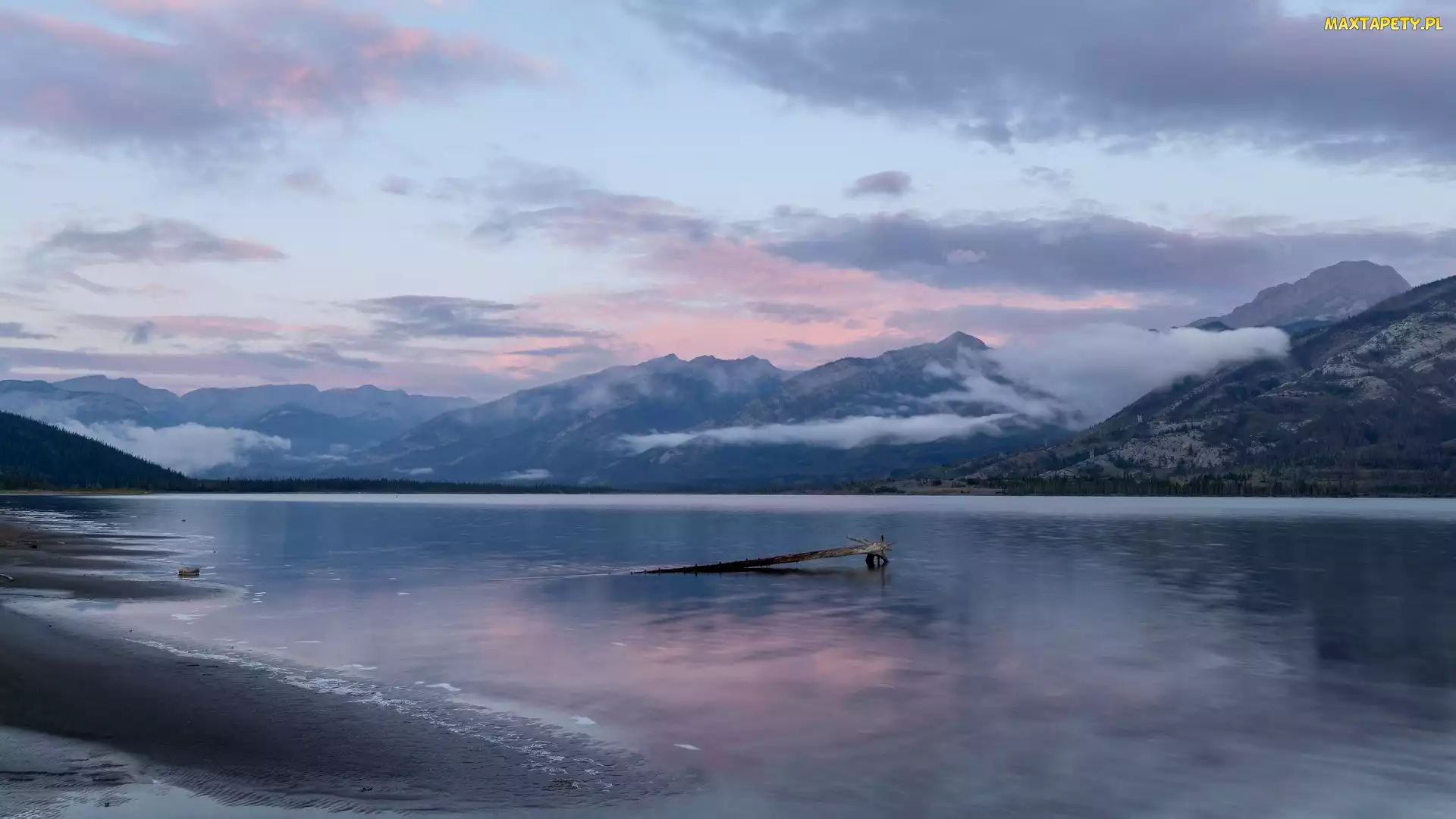 Góry, Jezioro, Wschód słońca, Mgła, Park Narodowy Jasper, Opadająca, Kanada, Jasper Lake