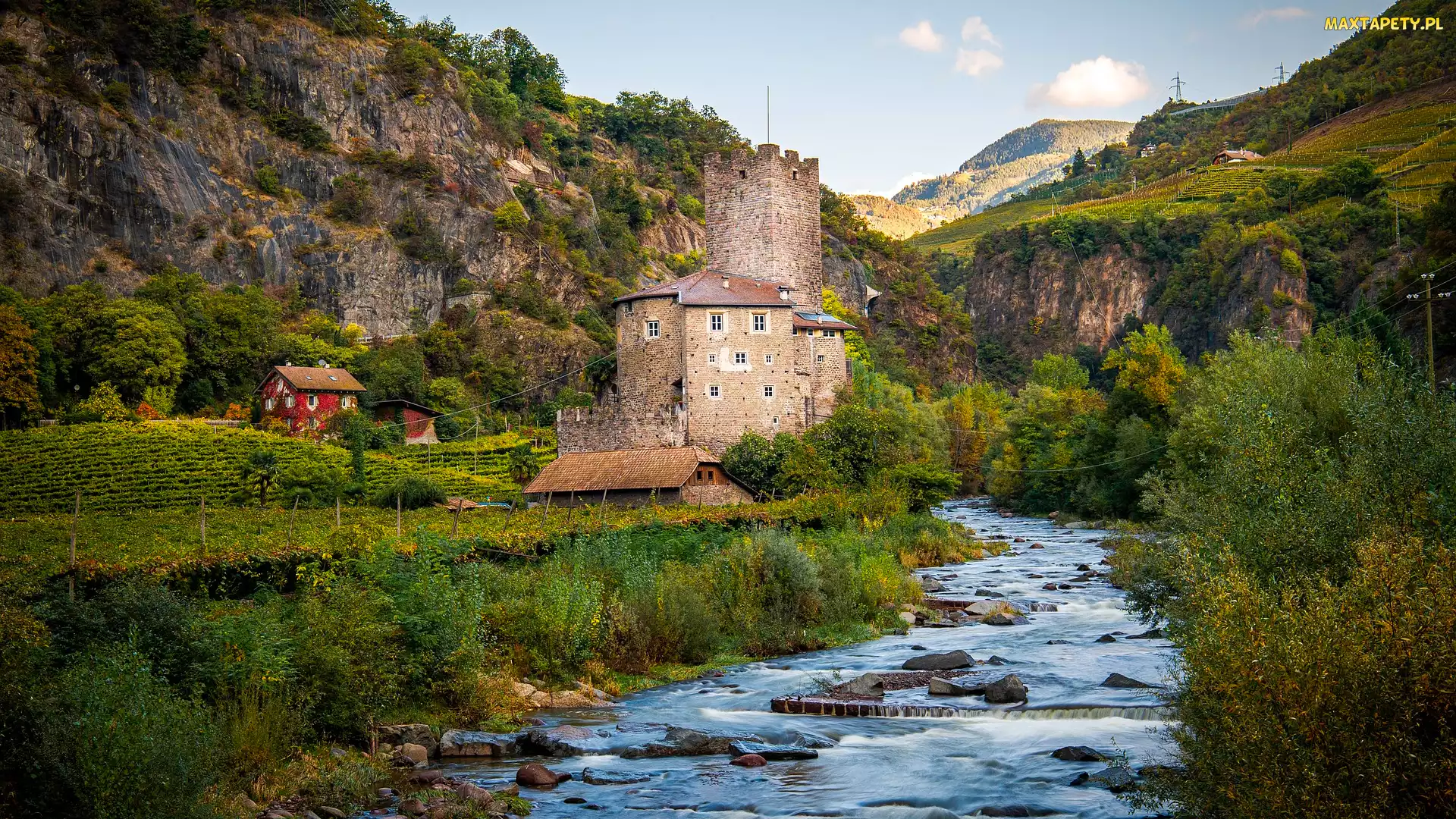 Sill, Drzewa, Castle Ried, Włochy, Wzgórza, Zamek, Rzeka Talvera